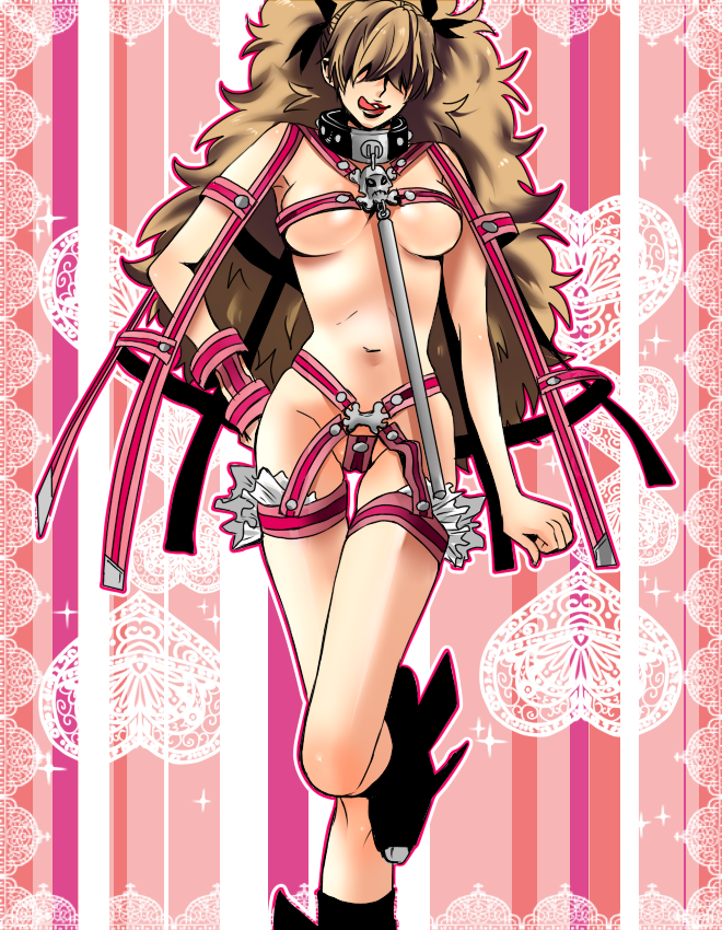 air_gear bangs bikini blonde_hair boots breasts cameltoe collar cosplay female female_only garter_straps garters hair_over_eyes hentai_mask hips legs long_hair mizinko500002415668 navel noyamano_ringo noyamano_ringo_(cosplay) one_piece pink sadi-chan sadi_(one_piece) shitara_(kaimetsu_joutai) straight_hair swimsuit tongue underboob walking