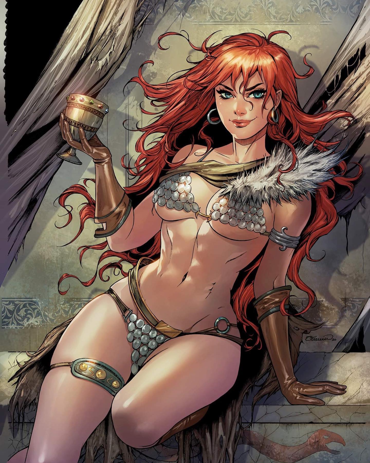 1girls, abs, arm band, armor, barbarian, belly, belly button, belt, bikini armor, blue eyes, chainmail, chainmail bikini, collette turner, earrings, female, gloves, long hair, looking at viewer, marvel, marvel comics, navel, red hair, red sonja, red sonja (comics), skimpy, skimpy armor, smile, smiling, thigh strap, very long hair, voluptuous, warrior