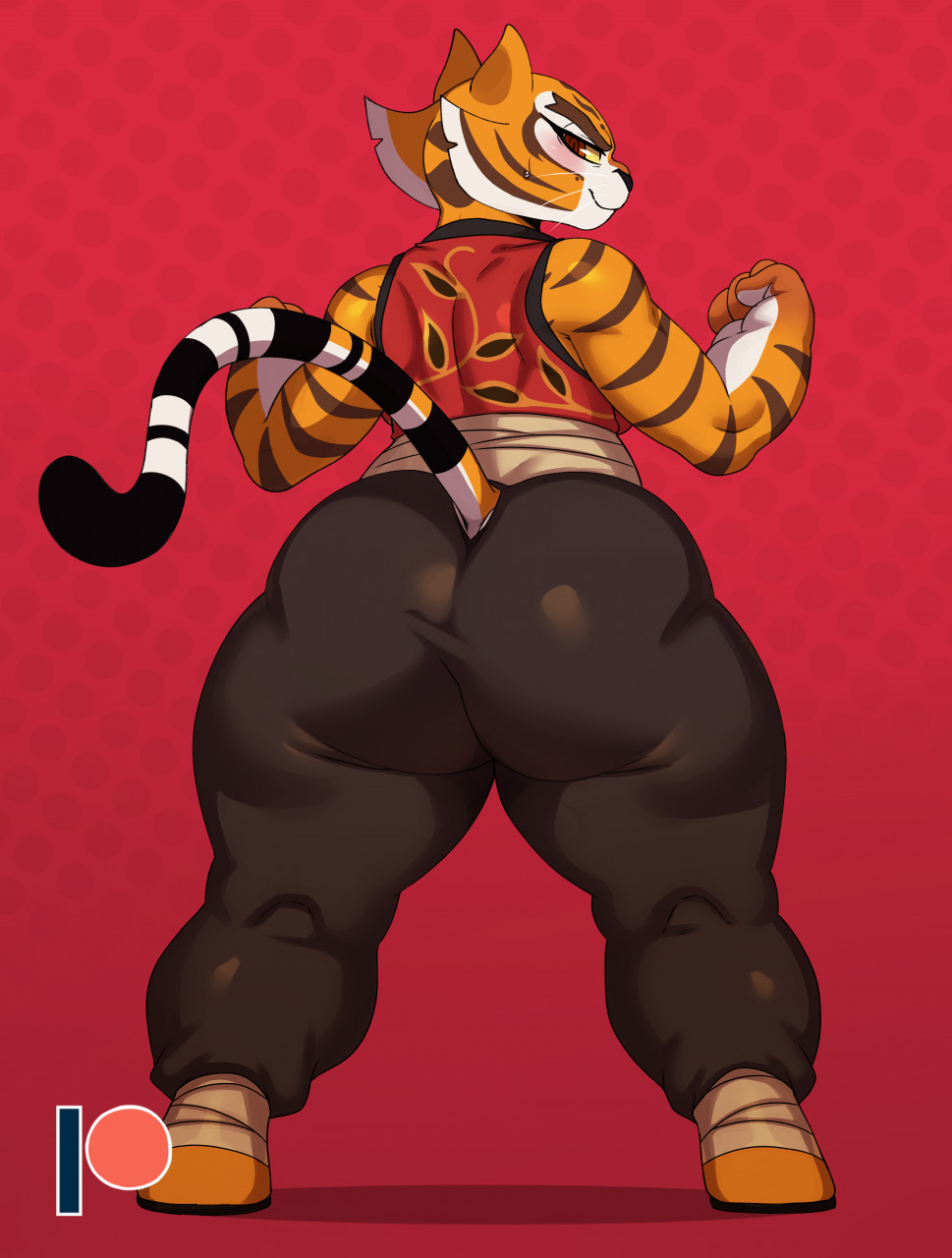 1girls, anthro, ass, big ass, clothing, dreamworks, female, furry, huge ass, huge thighs, kung fu panda, looking at viewer, looking back, master tigress, orange body, orange fur, smile, solo, solo female, sssonic2, thick thighs, tiger, wide hips