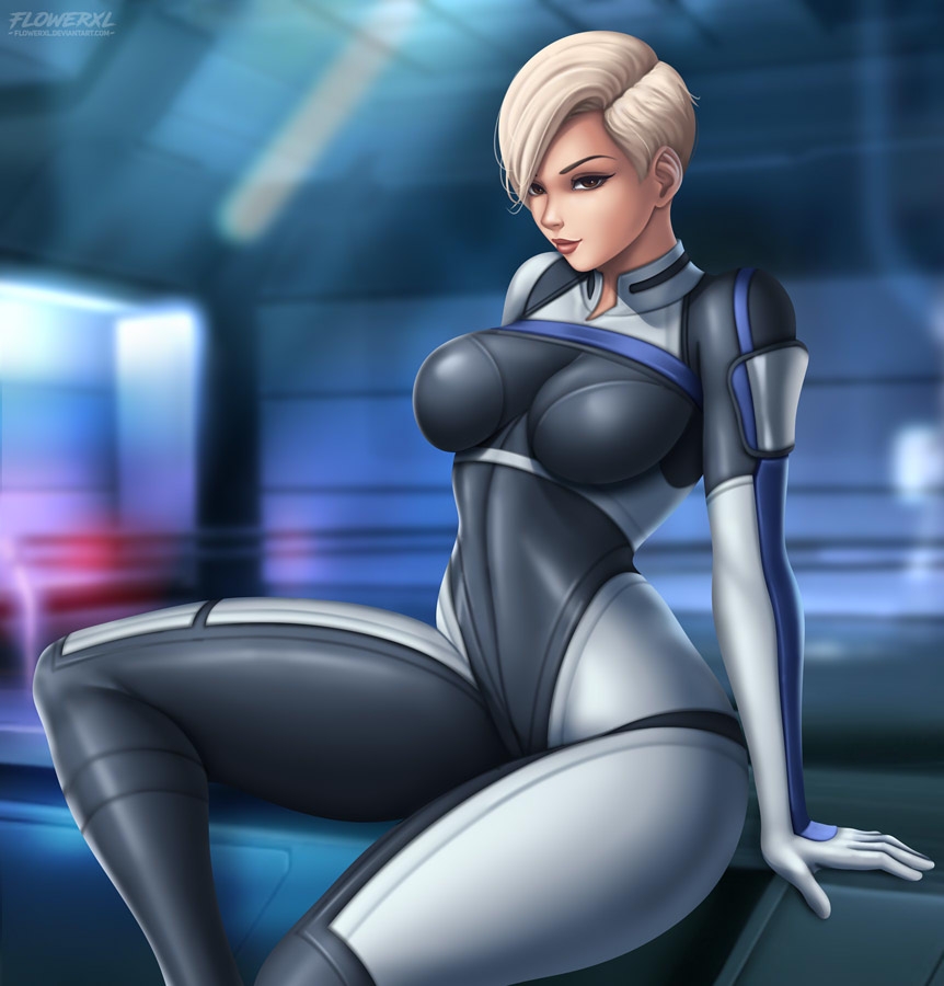 1girls, big breasts, bioware, blonde hair, breasts, cora harper, female, female only, flowerxl, mass effect, mass effect andromeda, short hair, thick thighs, very short hair, wide hips