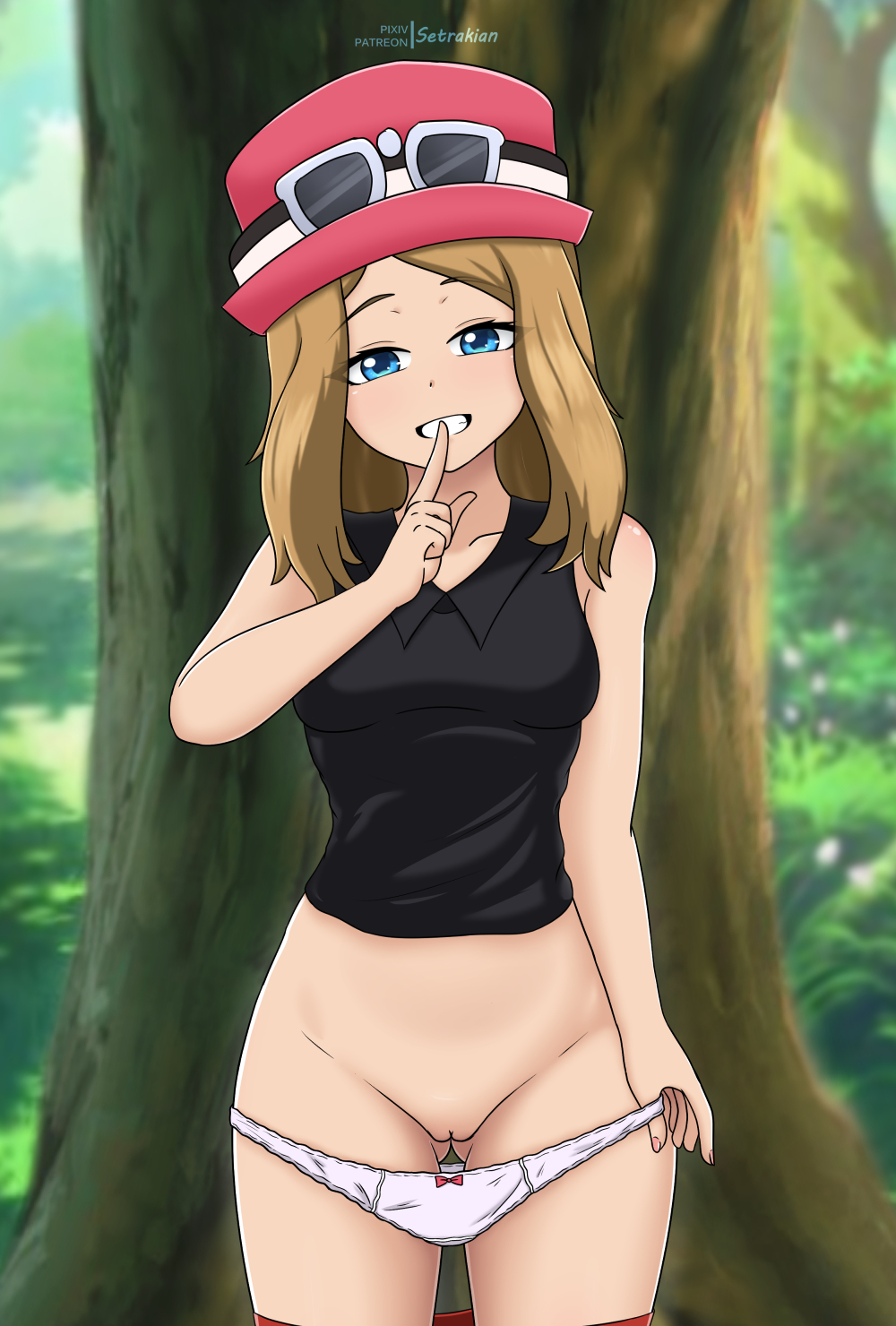 1girls blonde_hair blue_eyes long_hair outdoors panty_pull pokemon pussy serena_(pokemon) serena_(pokemon_games) setrakian shushing smirk