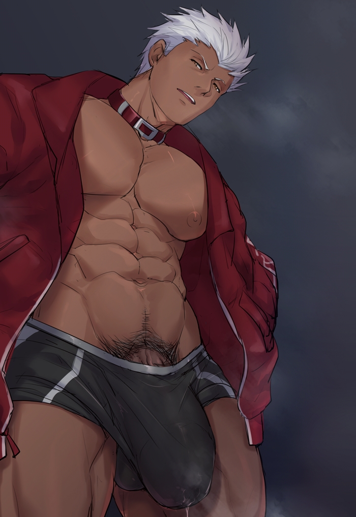 1boy abs archer_(fate) bara bare_pecs big_bulge big_pecs big_penis black_underwear body_hair boxer_briefs breath brown_eyes bulge cachic collar cowboy_shot cum cum_in_clothes cum_in_underwear cum_through_clothes dark-skinned_male dark_skin erection erection_pushing_underwear erection_under_clothes faceless_male fate/stay_night fate_(series) head_tilt huge_bulge huge_cock jacket large_pectorals large_penis leather leather_jacket looking_at_viewer looking_down male male_chest male_focus male_nipples male_only male_pubic_hair male_underwear muscular_male muscular_thighs navel navel_hair nipples official_alternate_costume open_clothes open_jacket pecs pectorals penis penis_in_underwear precum precum_drip precum_through_clothing pubic_hair red_collar red_jacket short_hair six_pack solo solo_focus solo_male standing stomach tan_skin teeth teeth_showing testicles_in_underwear thick_thighs thighs underwear vein veins veiny_penis white_hair