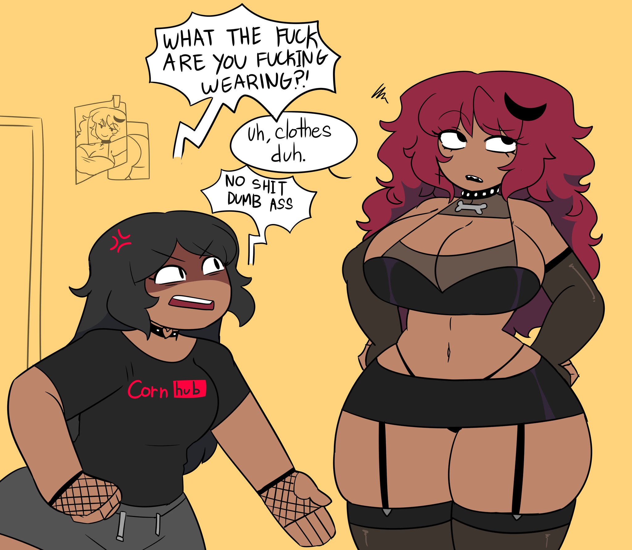 2girls, artist self-insert, black hair, bra, clothing, collar, comic, dark skin, english text, female, hairpin, mayhem (moxxypoxxy), moxxy, moxxypoxxy, necklace, purple hair, see-through clothing, see-through gloves, sugarkitty19, tagme, underwear, yellow background
