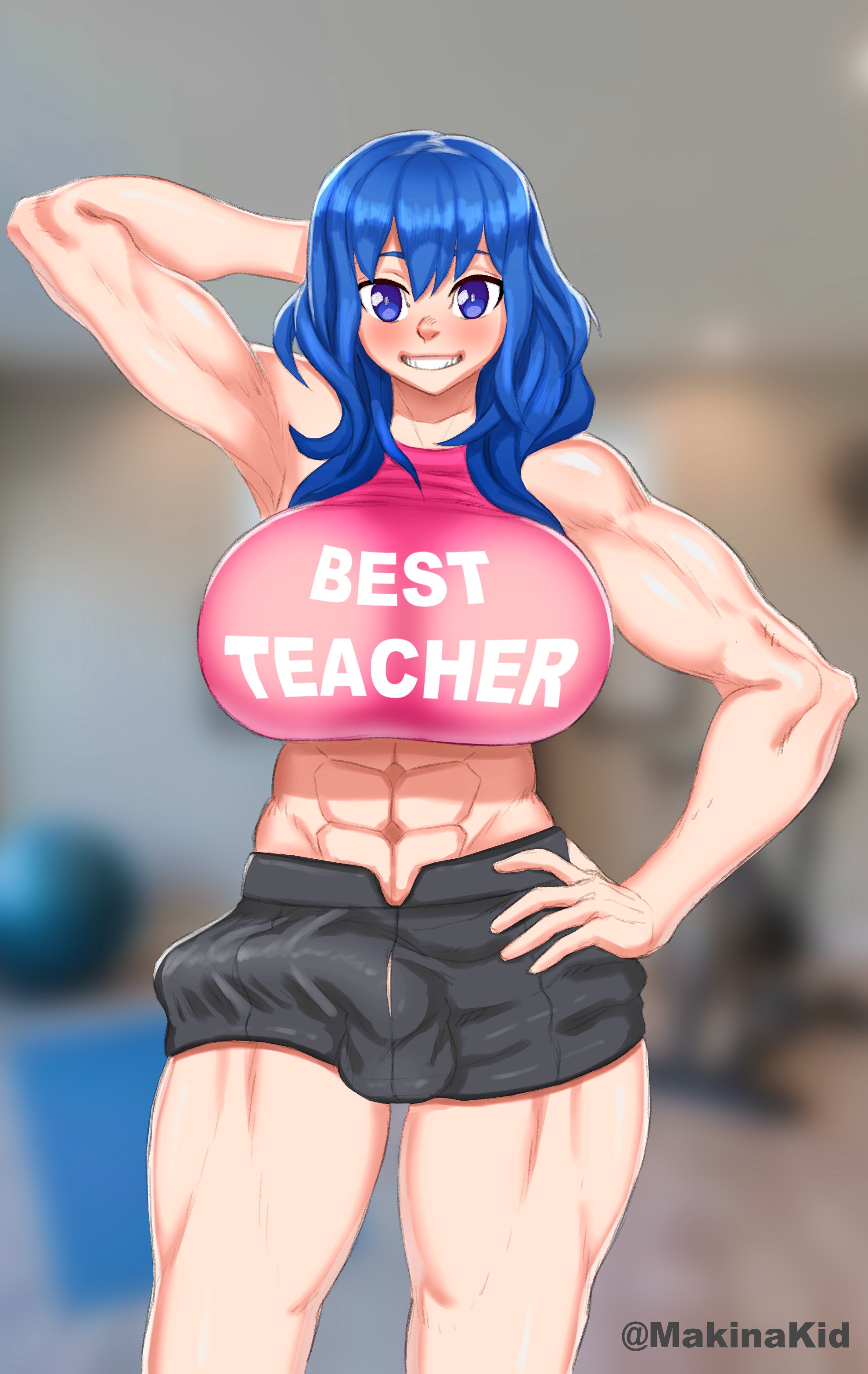 1futa, abs, big penis, blue eyes, blue hair, breasts, bulge, byleth (fire emblem), byleth (fire emblem) (female), erection under clothes, female, fire emblem, fire emblem: three houses, futa only, futanari, human, intersex, large breasts, makinakid, muscular, muscular futa, navel, penis, solo, standing, text on shirt