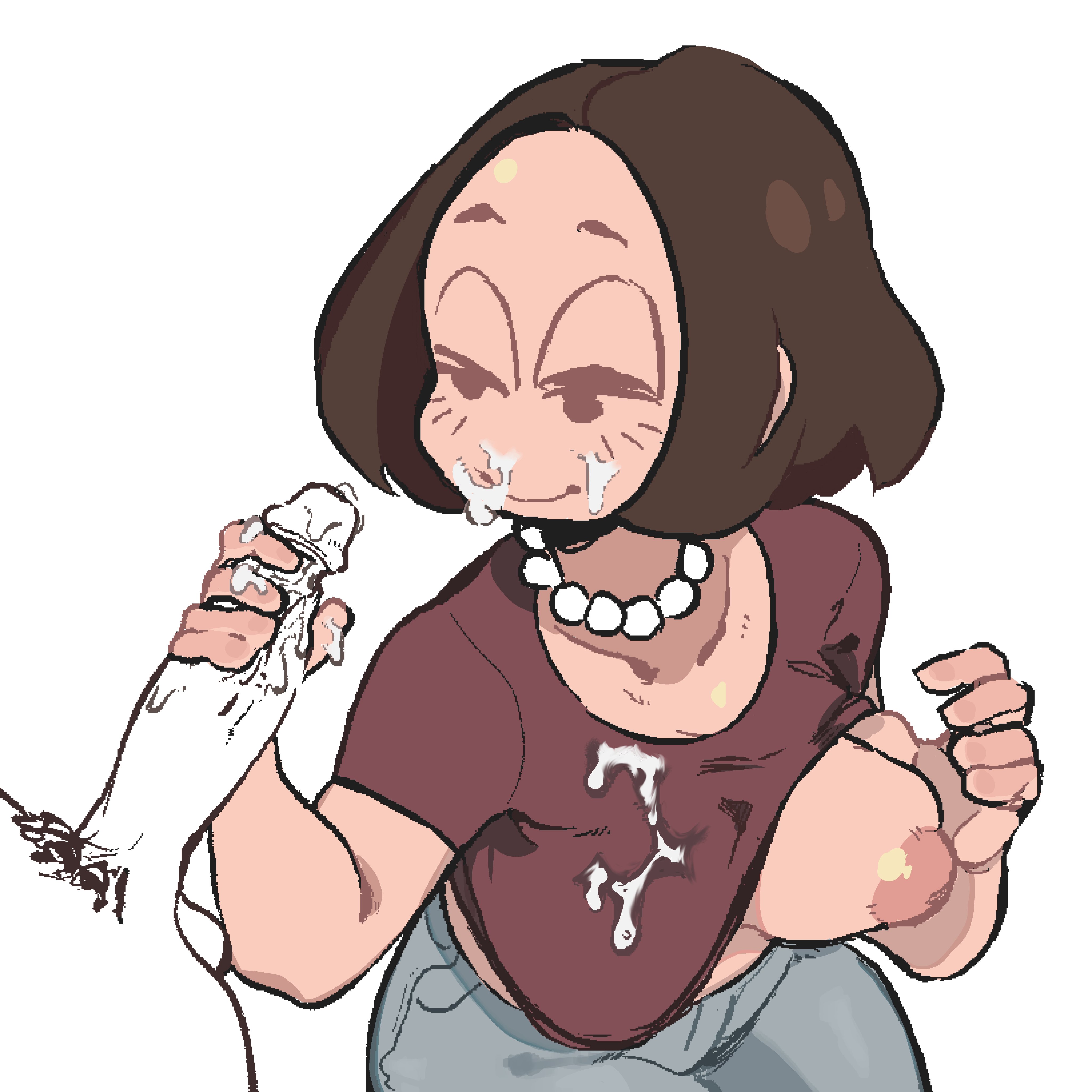 breasts, brown hair, cum, cum on body, cum on breasts, female, handjob, male, mob face, pearl necklace, penis, shirt lift, whoopsatro