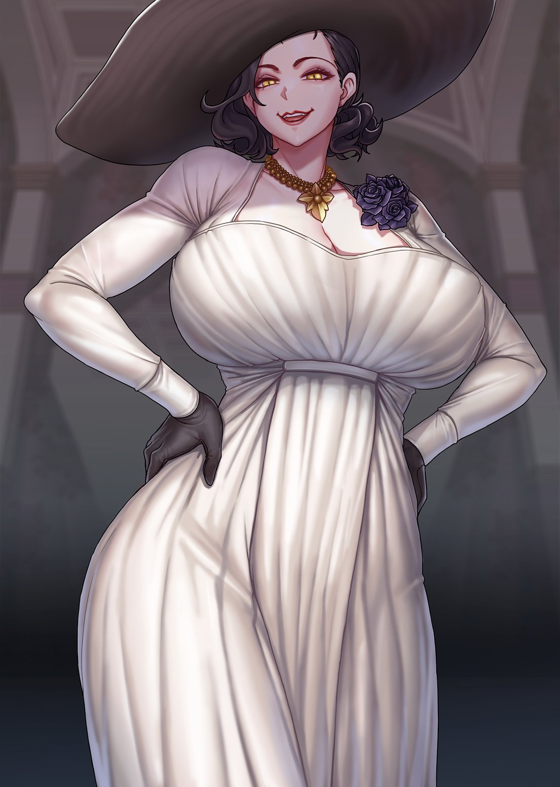 1girls alcina_dimitrescu big_breasts blush breasts capcom cleavage clothed clothing female female_focus female_only fully_clothed giantess gonster hat hourglass_figure huge_breasts large_breasts looking_at_viewer resident_evil resident_evil_8:_village solo taller_girl vampire voluptuous white_dress wide_hips yellow_eyes