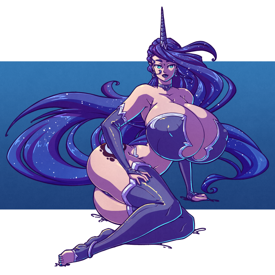 1girls, alternate species, amazon, ass, big ass, big breasts, blue hair, breasts, breasts bigger than head, bridal gauntlets, bursting breasts, choker, cleavage, color, cutie mark, earrings, female, friendship is magic, horn, huge breasts, humanized, lipstick, long hair, looking at viewer, my little pony, n647, nipple bulge, pantyshot, princess luna (mlp), skimpy, smile, smiling, solo, thick thighs, toeless legwear, very long hair, voluptuous, wide hips