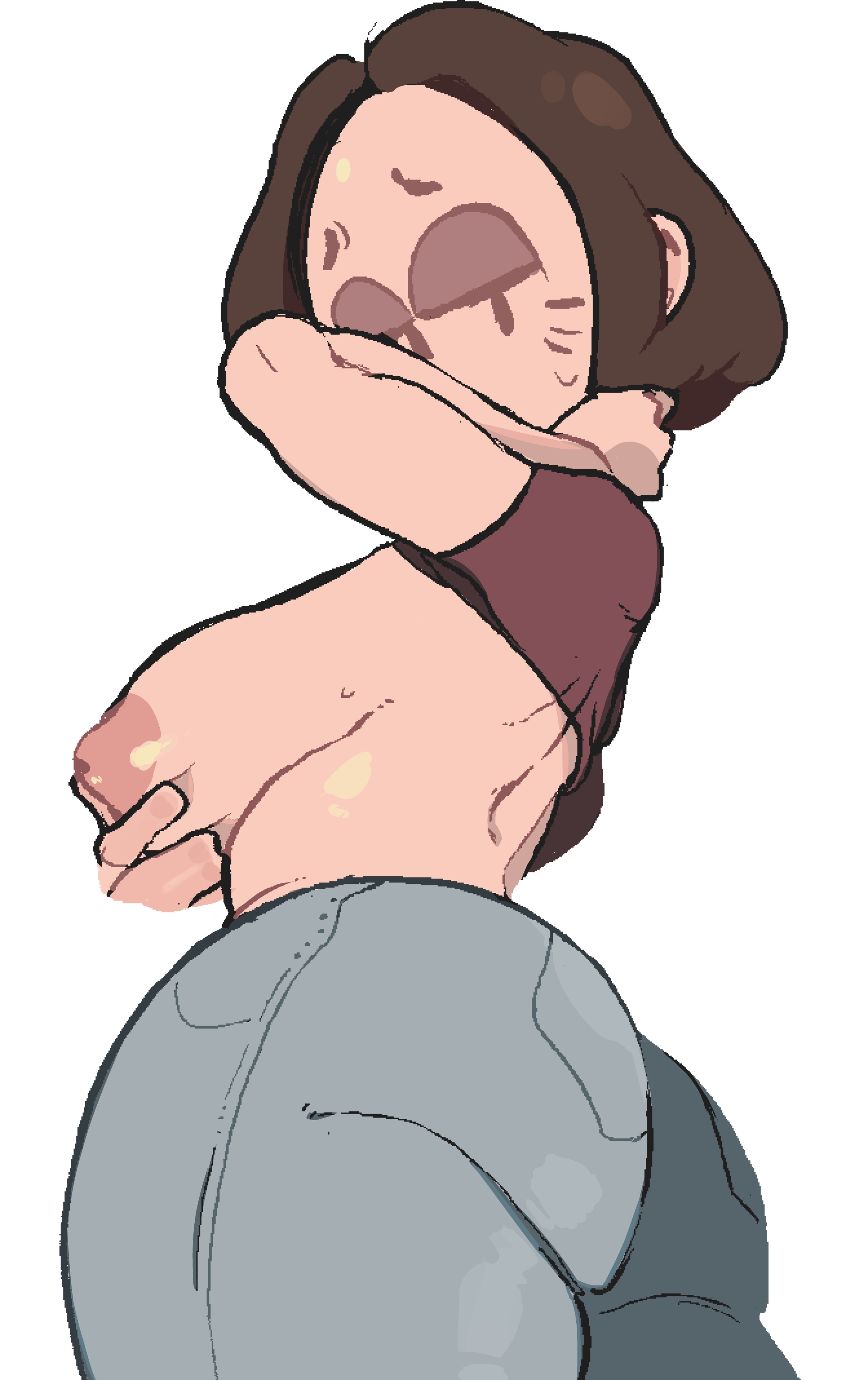 ass, breasts, brown hair, female, jeans, large breasts, mob face, shirt lift, sweatdrop, whoopsatro