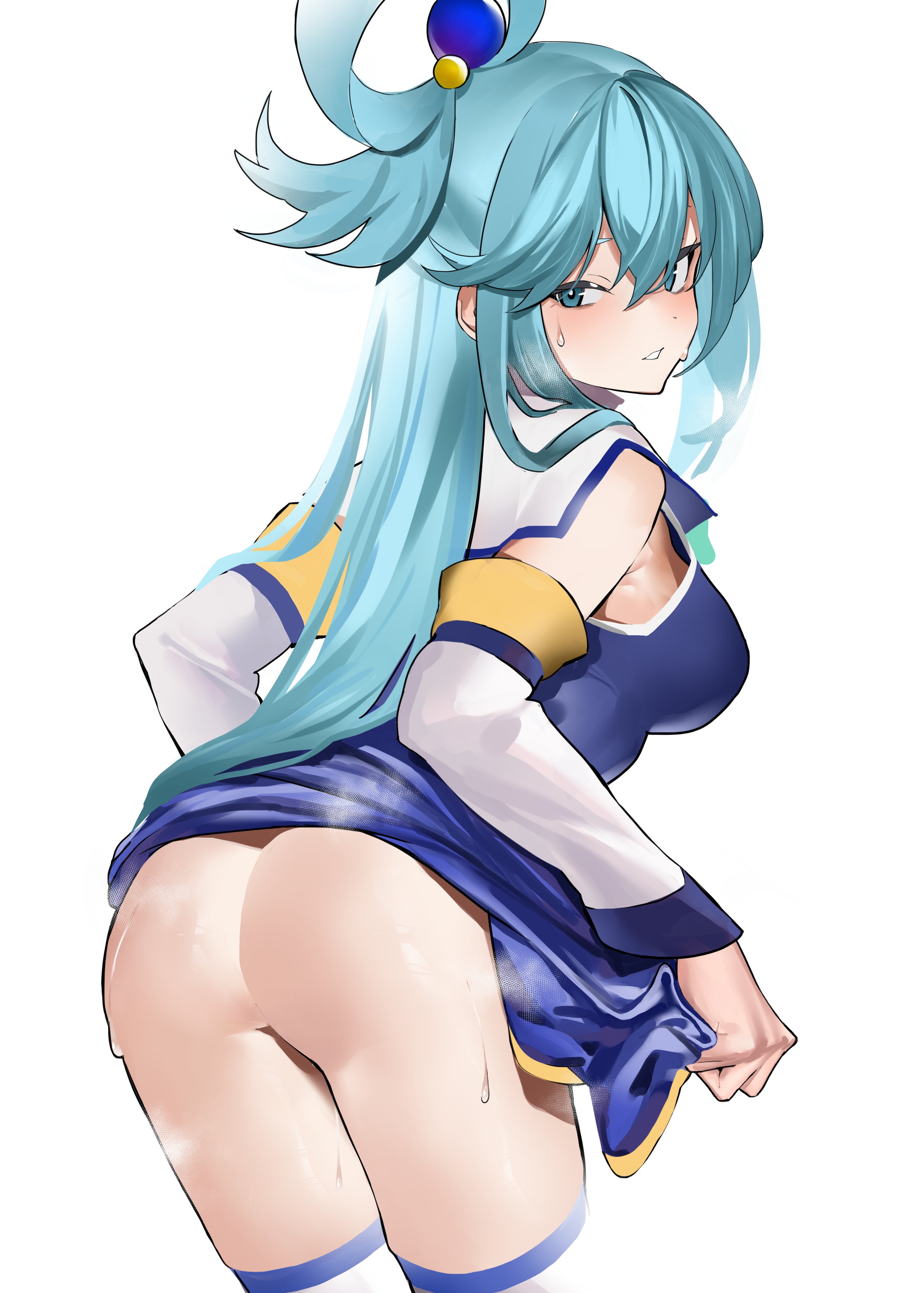 1girls, aqua (konosuba), ass, back view, blue eyes, blue hair, clothing, female, female only, hair ornament, jikatarou, kono subarashii sekai ni shukufuku wo!, long hair, looking at viewer, looking back, no panties, skirt lift, solo, solo female, steam, sweating, very high resolution, white background, zikataro