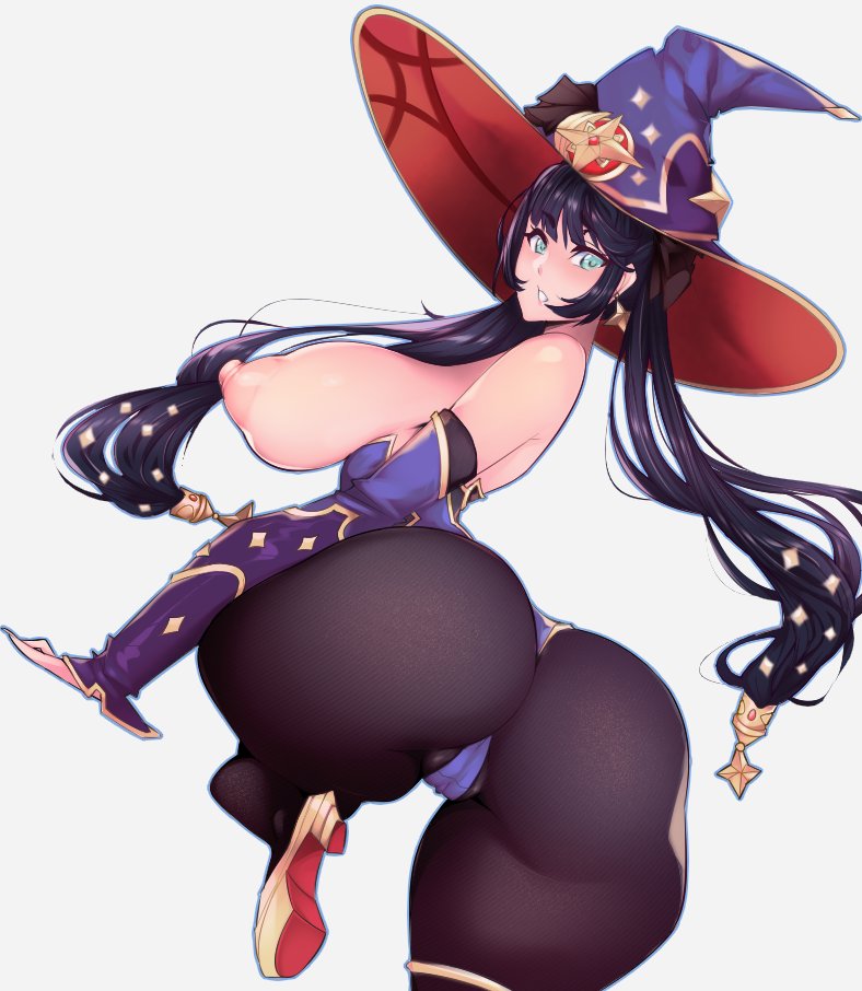 1girls, ass, big ass, big breasts, big butt, black hair, breasts, fat ass, fat butt, female, female focus, female only, genshin impact, huge ass, huge butt, large ass, large butt, long hair, looking at viewer, looking back, mona (genshin impact), rice-chan, round ass, round butt, thick, thick ass, thick butt, thick thighs, wide hips, wide thighs, wizard hat