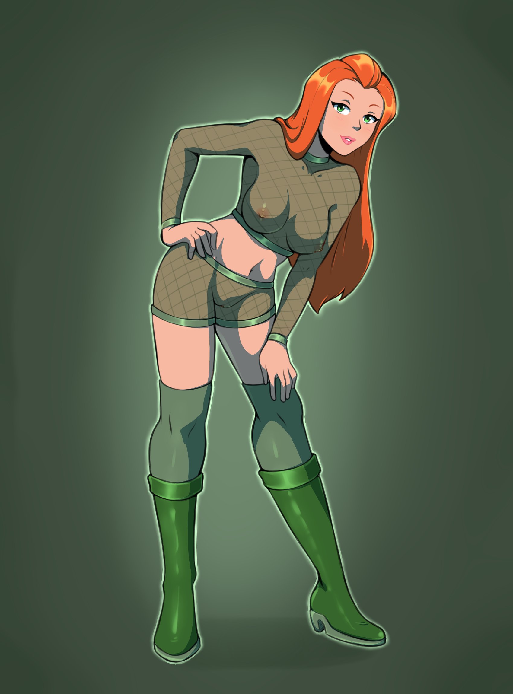 1girls, aged up, boots, female, ginger, green eyes, high heel boots, high heels, knee boots, red hair, sam (totally spies), see-through clothing, sheer, sheer clothes, sheer clothing, thighhighs, thighhighs under boots, totally spies