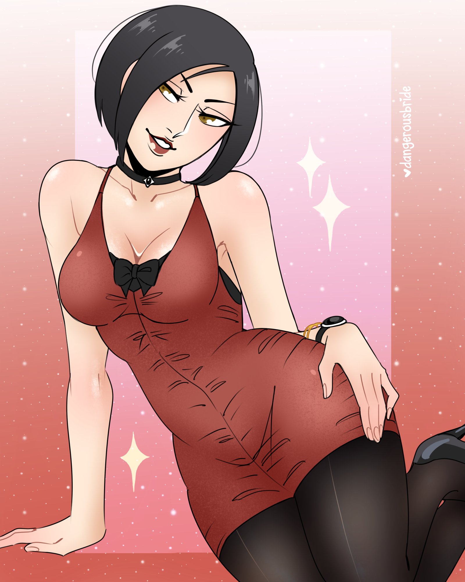 1girls, ada wong, ada wong (adriana), black hair, bracelet, brown eyes, capcom, choker, clothing, dangerousbride, dress, female, female only, heels, highres, leaning on hand, looking away, medium hair, narrowed eyes, pantyhose, red lipstick, resident evil, resident evil 2, resident evil 2 remake, solo, solo female