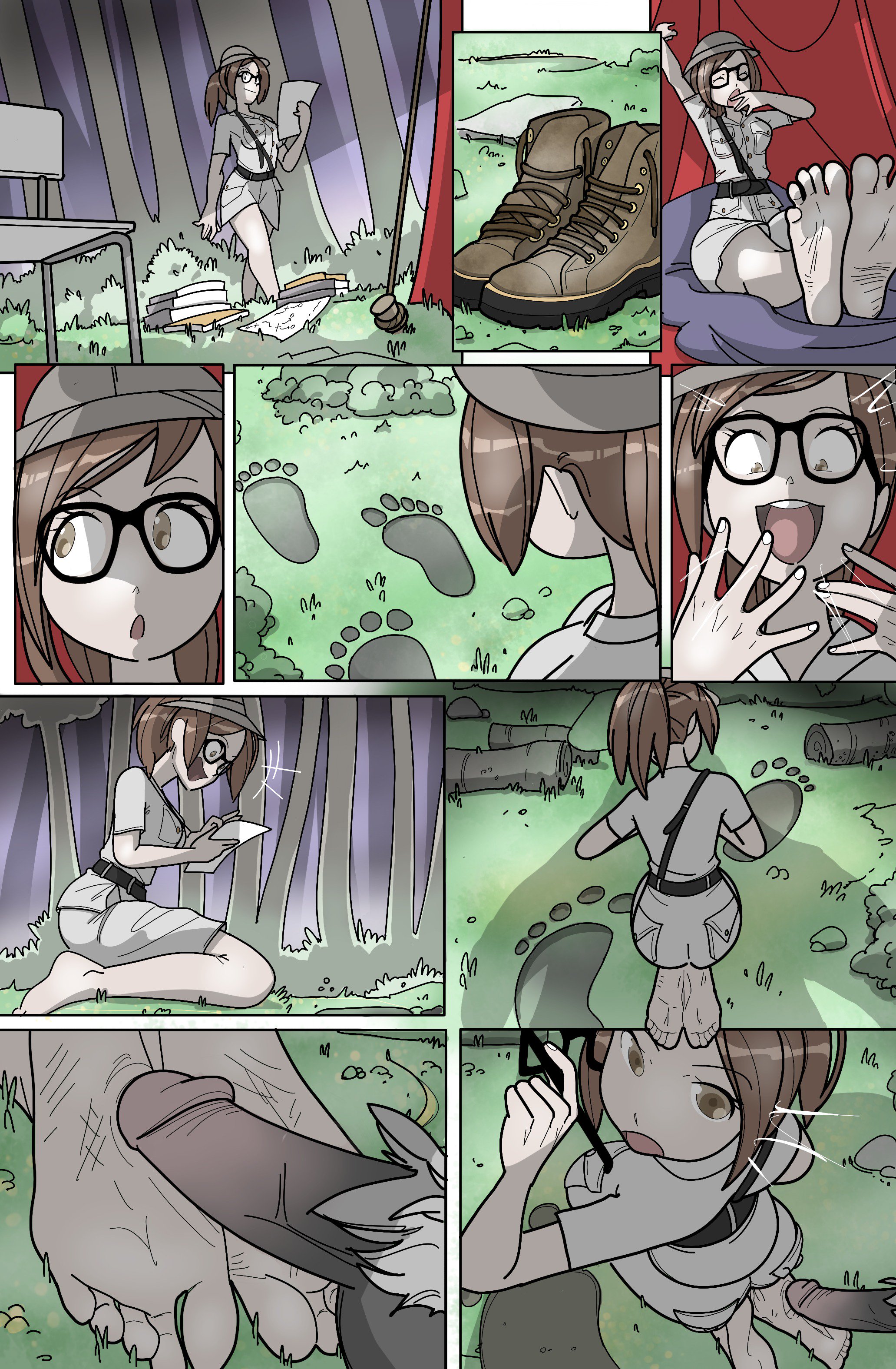 1girls, barefoot, bigfoot, feet, female, footprint, glasses, male, pawfeather, penis, sasquatch, shoes removed, soles, toes