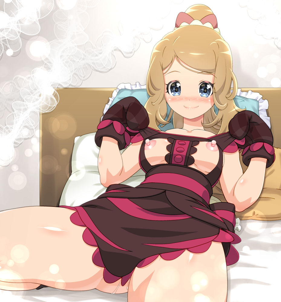 1girls alternate_costume apron bed blue_eyes blush bow breasts brown_hair eyebrows_visible_through_hair female gambler_club hairbow kousaka_jun looking_at_viewer nintendo nipples no_bra oven_mitts palentine's_day_serena pokemon pokemon_masters ponytail pussy_juice serena_(pokemon) smile