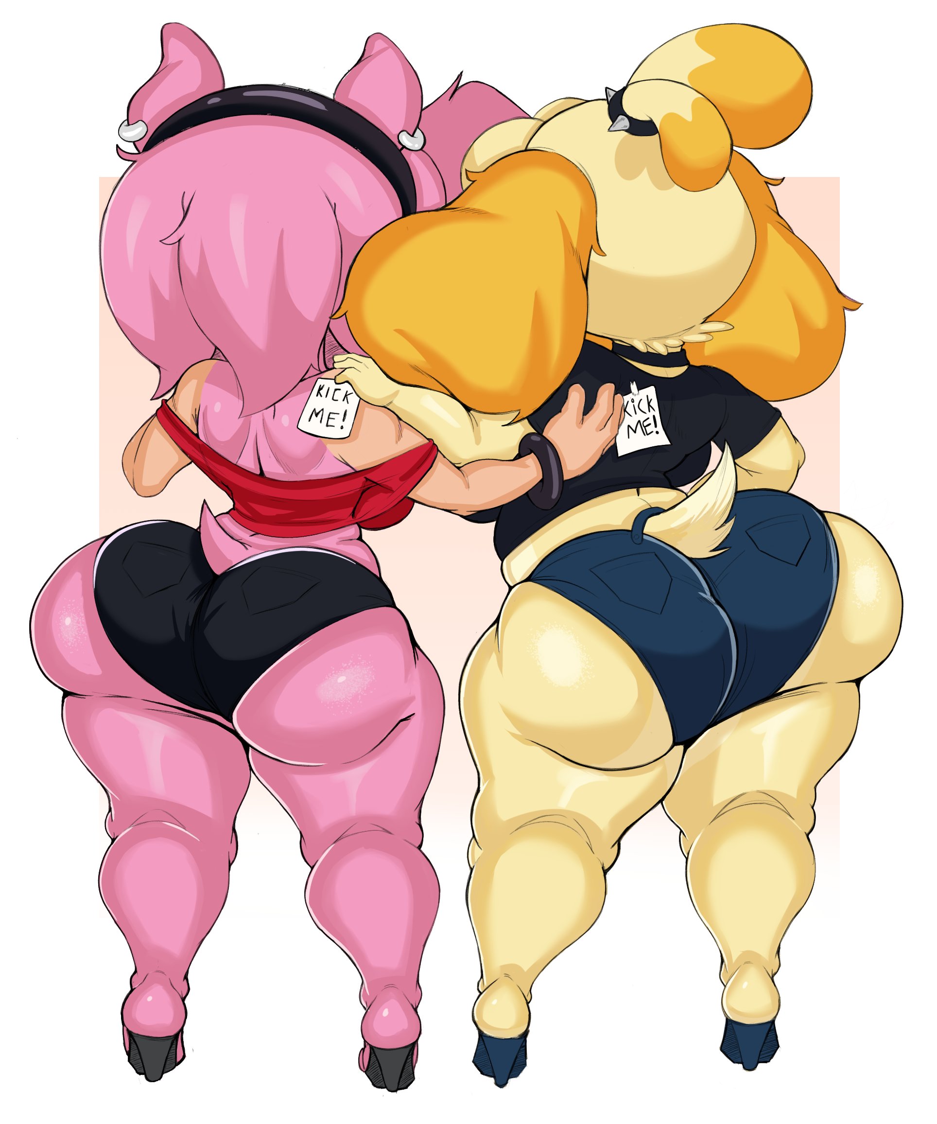 2021, 2girls, amy rose, animal crossing, anthro, ass, ass focus, back view, big ass, booty shorts, bubble ass, bubble butt, bullybelle (purple yoshi draws), clothing, crossover, daisy dukes, ear piercing, fat ass, female, fully clothed, furry, furry only, heels, hi res, highres, huge ass, isabelle (animal crossing), nintendo, pink body, pink fur, purple yoshi draws, round ass, sega, shorts, shortstack, skindentation, sonic (series), sonic the hedgehog (series), tail, thick thighs, thighs, video games, white background, wide hips, yellow body, yellow fur