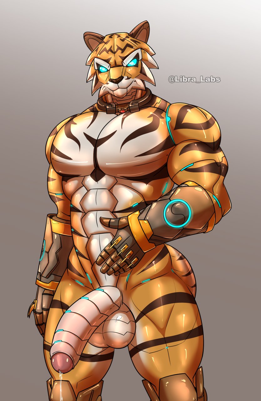 abs alternate_costume balls biceps big_penis blizzard_entertainment blue_eyes bob_(overwatch) bodily_fluids collar felid genital_fluids genitals glowing glowing_eyes hi_res libra-11 looking_at_viewer machine male male_only mammal metal_penis muscular muscular_male overwatch pantherine pecs penis precum precum_string quads robot simple_background solo striped_body stripes tiger triceps video_games yellow_body