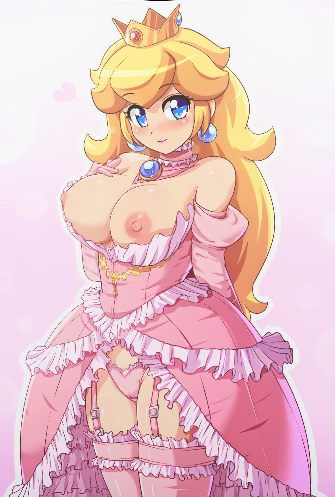 1girls, areolae, big breasts, blonde hair, blue eyes, blush, breasts, breasts out, crown, dress, female, konpeto, lingerie, looking at viewer, mario (series), nintendo, nipples, panties, pink background, pink dress, pink panties, pink stockings, pink thighhighs, princess peach, remake, stockings, thighhighs