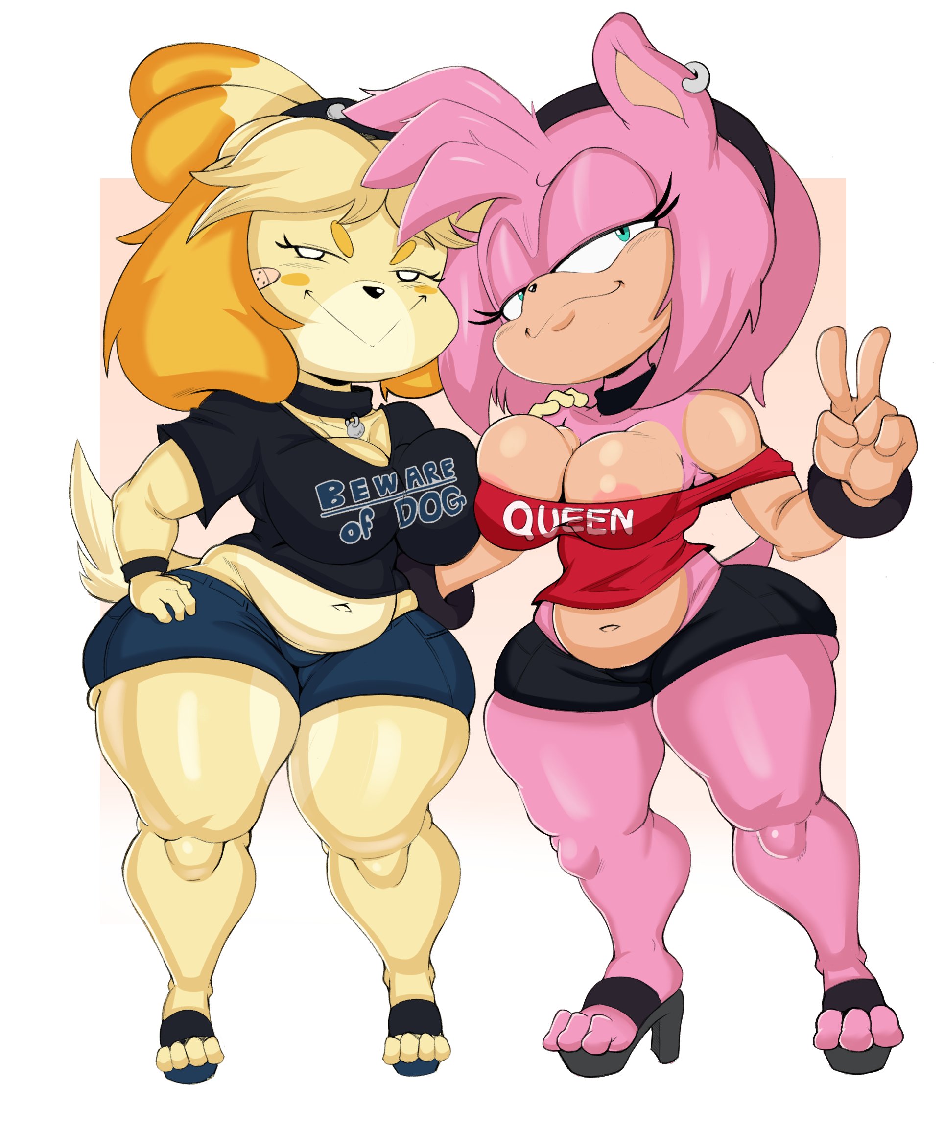 2021, 2girls, amy rose, animal crossing, anthro, belly, big breasts, breast press, breasts, bullybelle (purple yoshi draws), canine, collar, crossover, dog, evil grin, female, fully clothed, furry, hand on hip, hedgehog, heels, hi res, highres, hips, isabelle (animal crossing), narrowed eyes, nintendo, nipples, no bra, peace sign, pink fur, purple yoshi draws, sega, shortstack, skindentation, smug, sonic (series), sonic the hedgehog (series), thick, thick thighs, thighs, video games, white background, wide hips, yellow fur