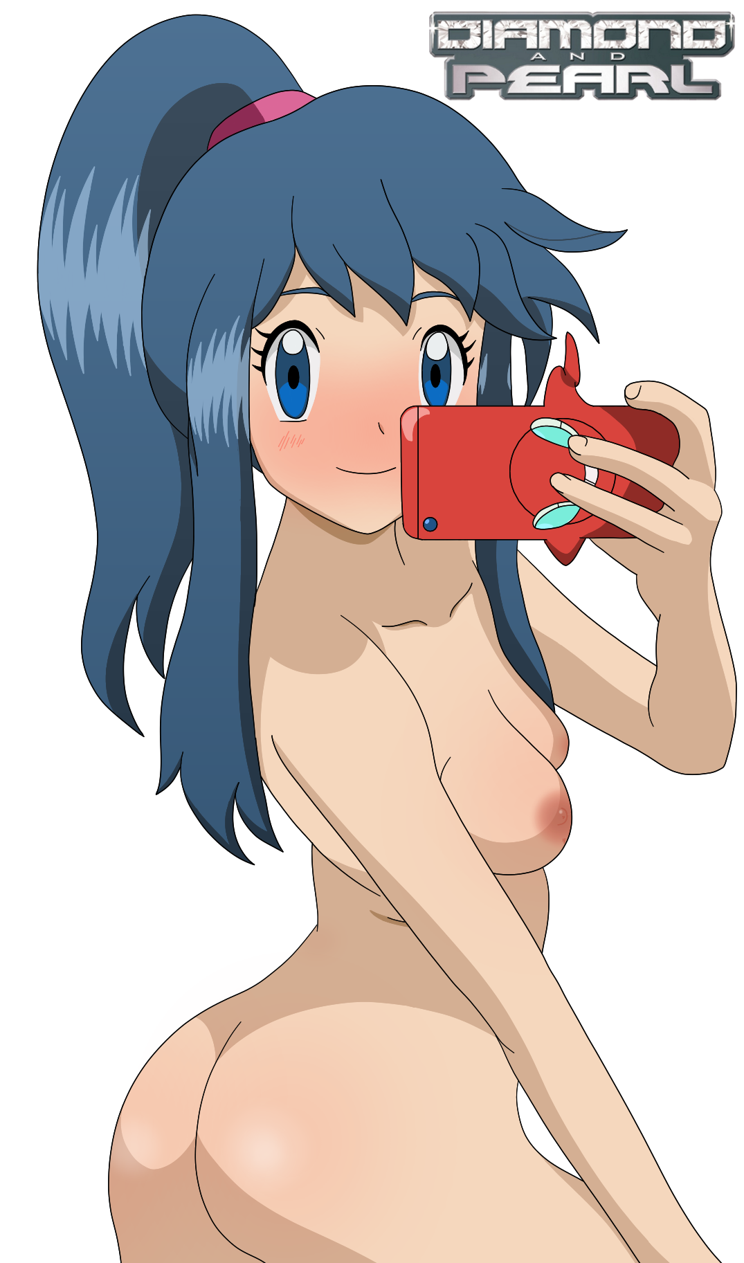 aged up, alternate hairstyle, ass, blue eyes, blue hair, breasts, dawn (pokemon), fatfuckingweeb, female, game freak, looking at viewer, nintendo, nude, pokemon, pokemon dppt, ponytail, rotom, rotom phone, small breasts, taking picture, tied hair