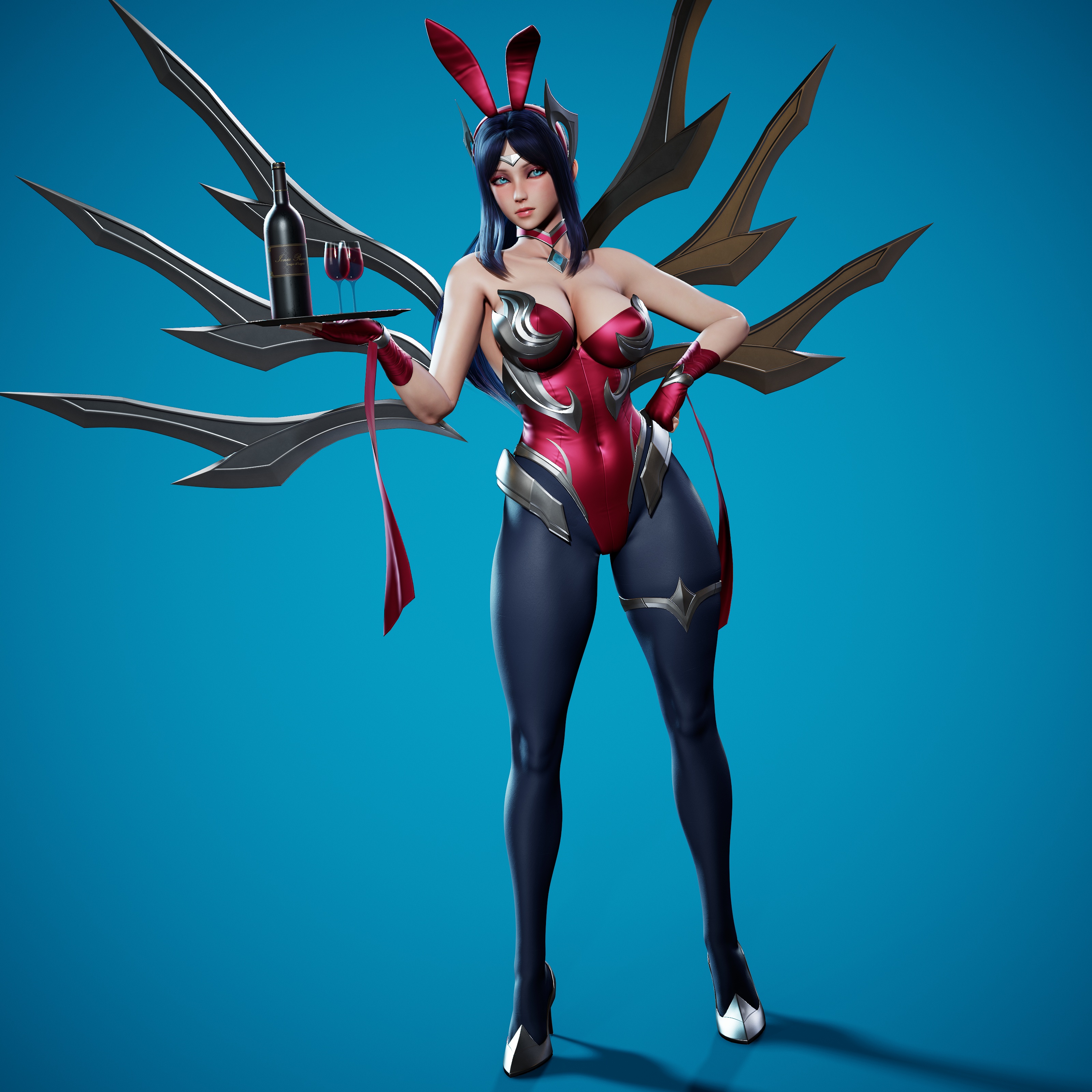3d, battle bunny irelia, breasts, bunny ears, bunny girl, bunnysuit, female, female only, heels, hi res, highres, irelia xan, league of legends, pantyhose, purple hair, ryanreos, solo, thighs