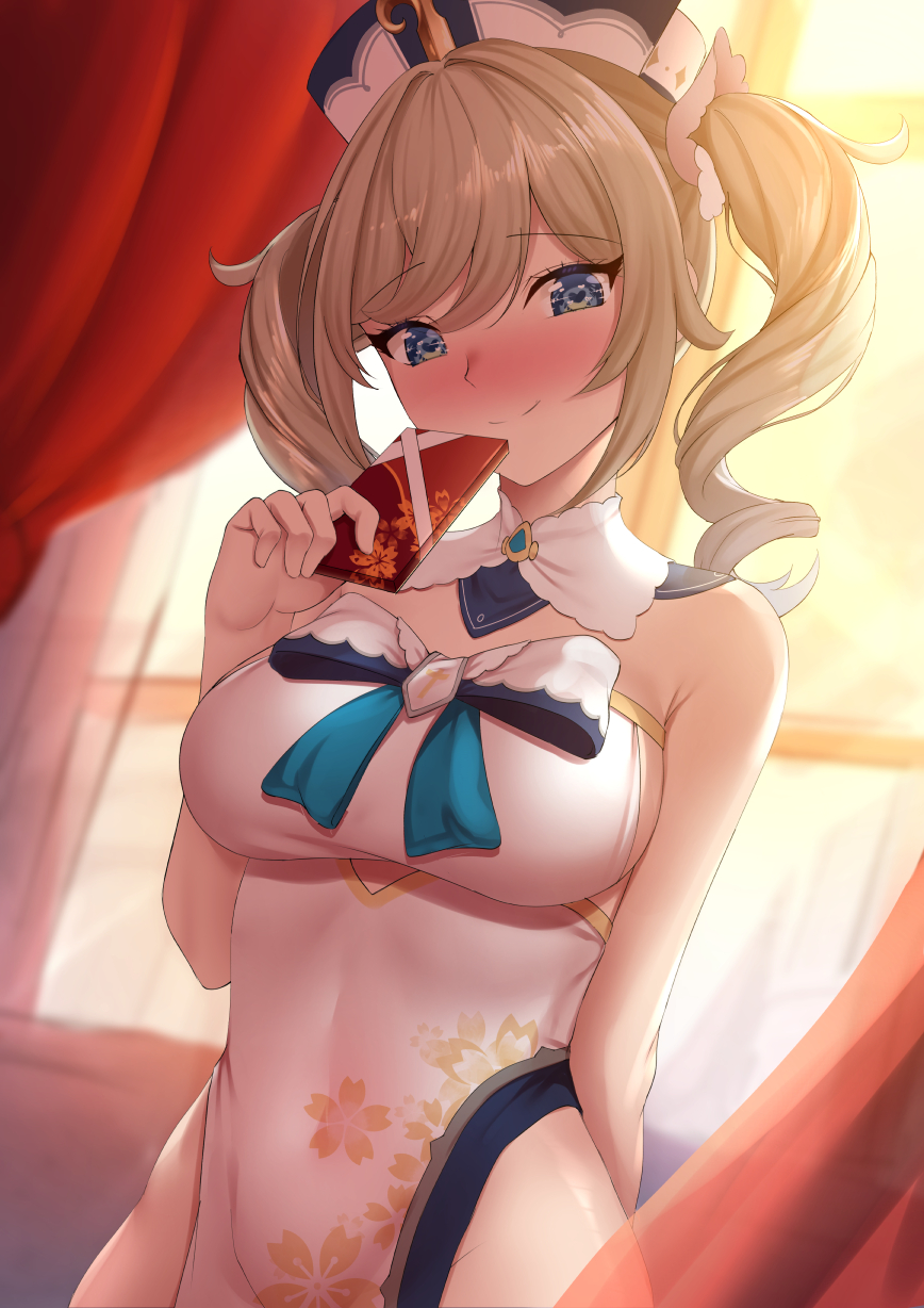 1girls, barbara (genshin impact), blonde hair, blush, breasts, chinese clothes, chinese dress, chocolate, dearonnus, female, female focus, female only, genshin impact, hat, heart-shaped pupils, medium breasts, nun, smile, tight clothing, tight fit, twintails, valentine's day