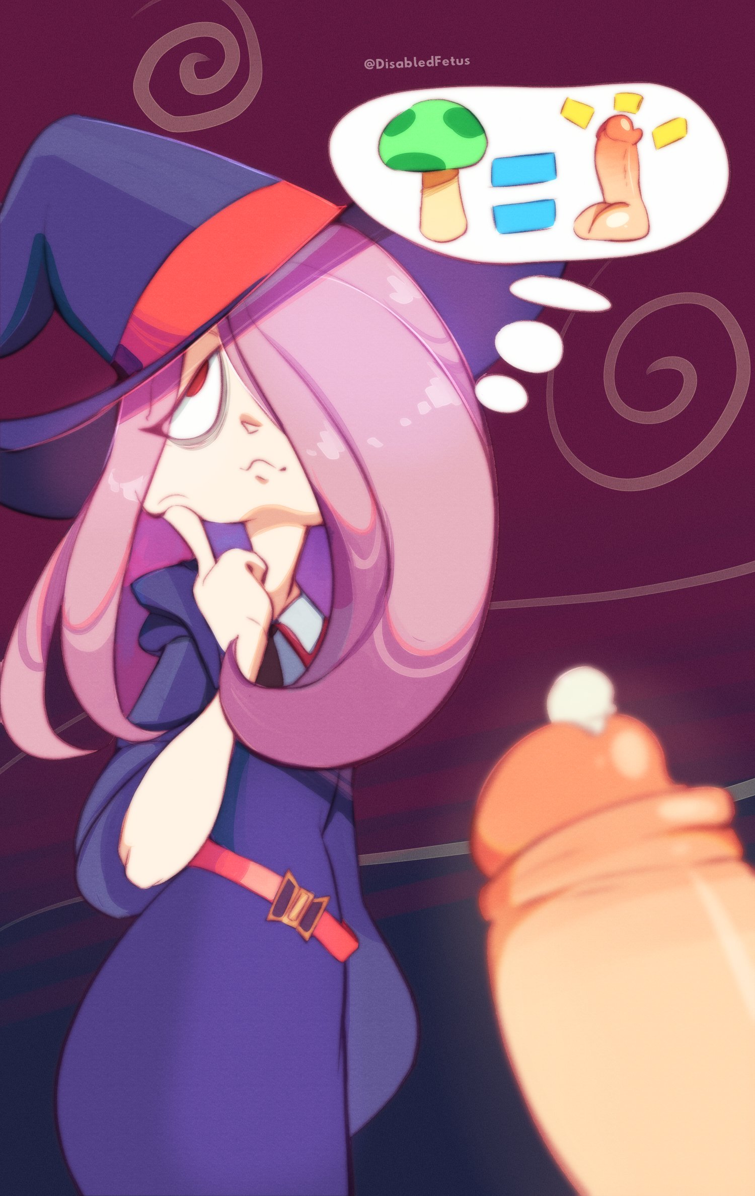 1boy, 1girls, clothed female nude male, disabledfetus, female, hair over one eye, little witch academia, male, sucy manbavaran, thinking, witch hat