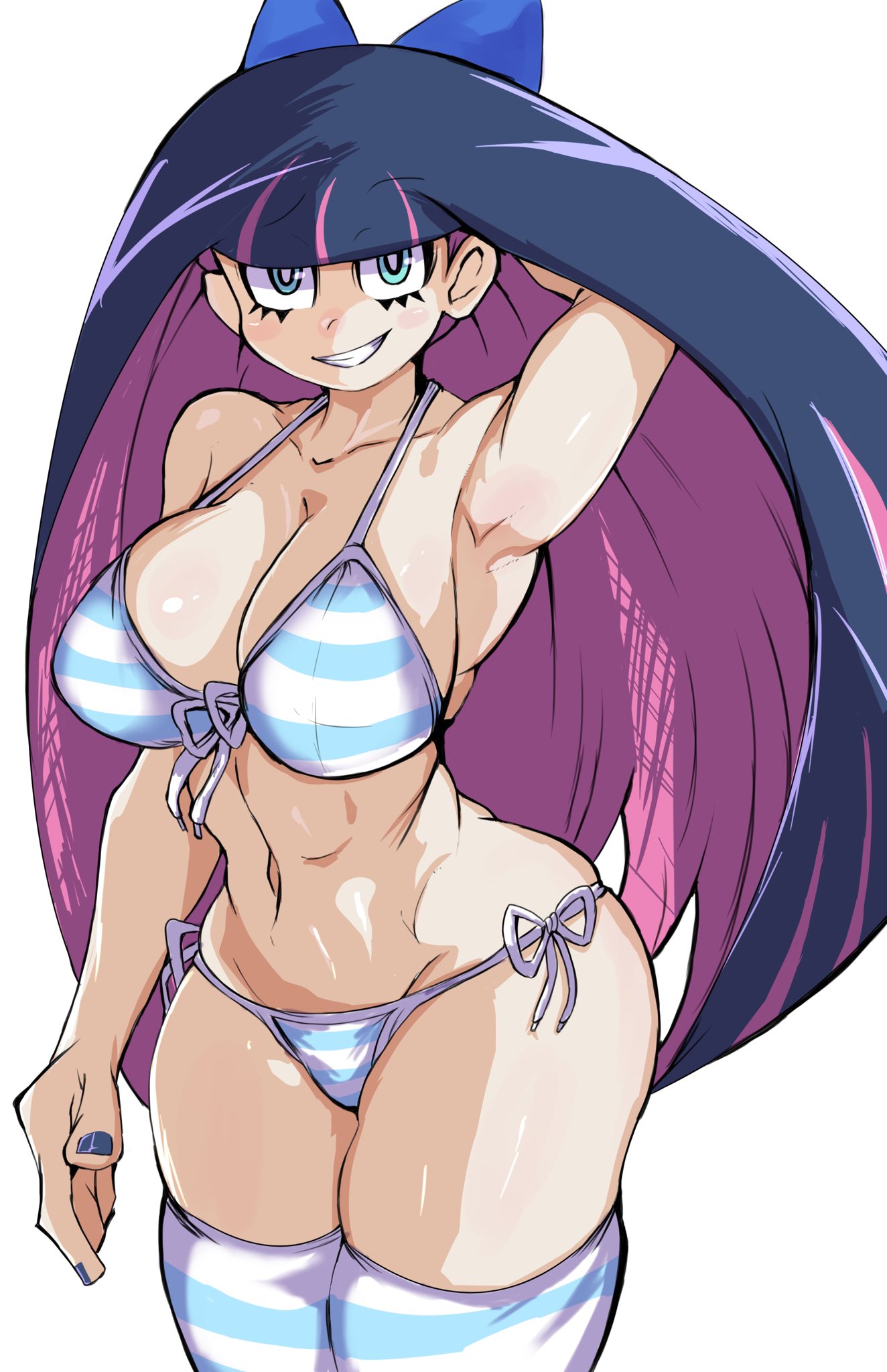 1girls, angel, aqua eyes, armpits, bangs, bikini, blush, breasts, cleavage, eyebrows visible through hair, female, female only, goth, hair ribbon, hairbow, large breasts, long hair, looking at viewer, multicolored hair, nail polish, panty & stocking with garterbelt, pink hair, purple hair, side-tie bikini, smile, solo, solo female, standing, stocking anarchy, stockings, striped, striped bikini, striped legwear, thick thighs, thighhighs, tomozawa mamoru, two-tone hair, very long hair, white background