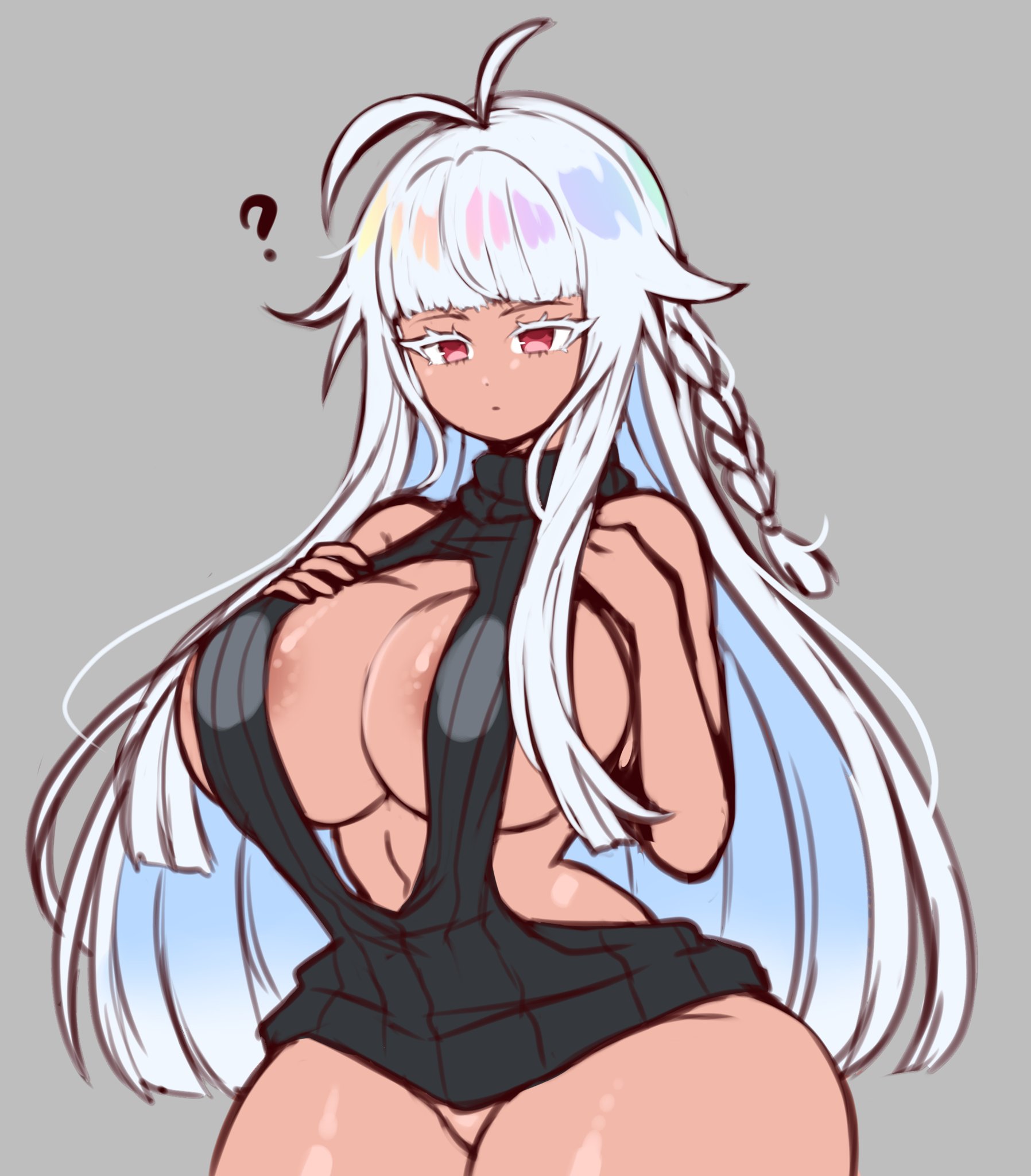 ?, 1girls, alter minari (jojoniumart), big breasts, breasts, busty, emotionless, empty eyes, female, female only, hourglass figure, jojoniumart, long hair, looking at viewer, multicolored hair, red eyes, simple background, skimpy, small waist, solo, tan skin, white hair, wide hips