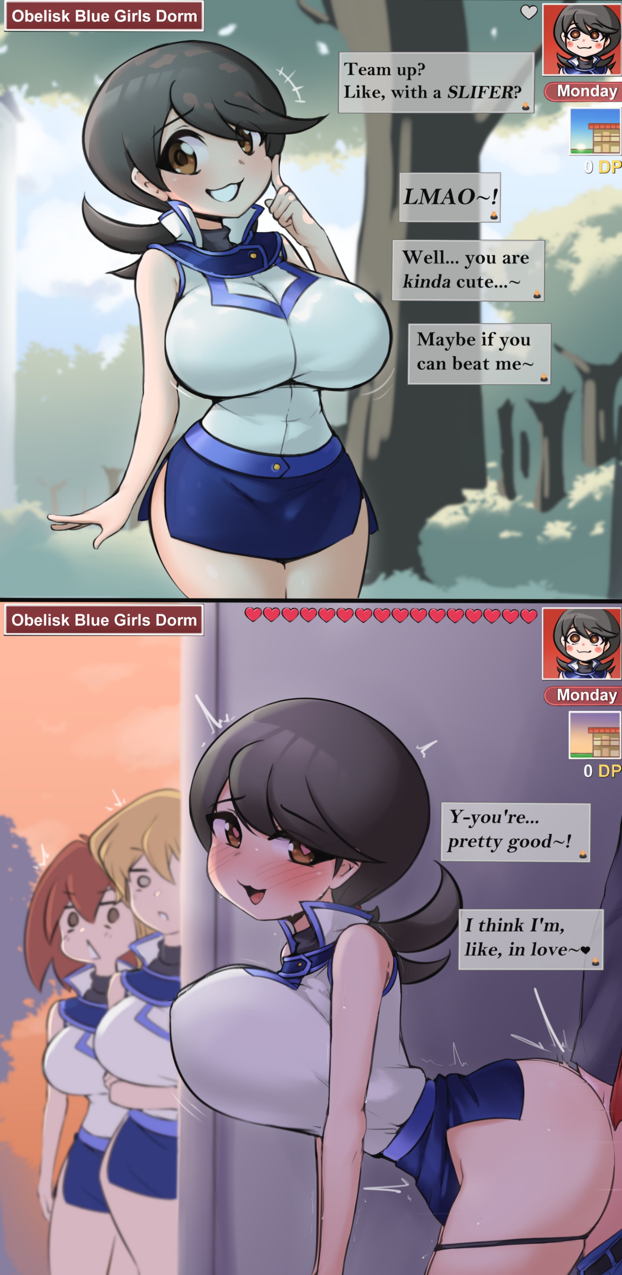 !, ?, alexis rhodes, before and after, boobs, bouncing breasts, butt, clothed sex, curvy, doggy style, english text, female, heart eyes, hi res, hips, horny, horny female, jasmine (yu-gi-oh!), konami, light skin, looking at partner, looking back, mindy (yu-gi-oh!), miniskirt, obelisk blue uniform, open mouth, outside, penetration, pldf, removing panties, seductive, sex, smile, standing, standing sex, thighs, uniform, voluptuous, yu-gi-oh!, yu-gi-oh! gx, yu-gi-oh! tag force