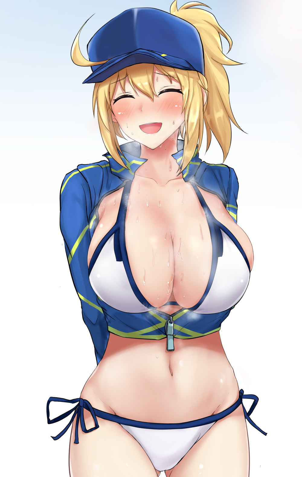 artoria pendragon, belly, belly button, big breasts, blonde hair, blue eyes, blush, breasts, breasts bigger than head, cute, embarrassed, fate (series), fate/grand order, female, jacket, mysterious heroine xx (foreigner), open mouth, poshi (ginmokusei), steam, sweaty, thin, thin waist, unzipped