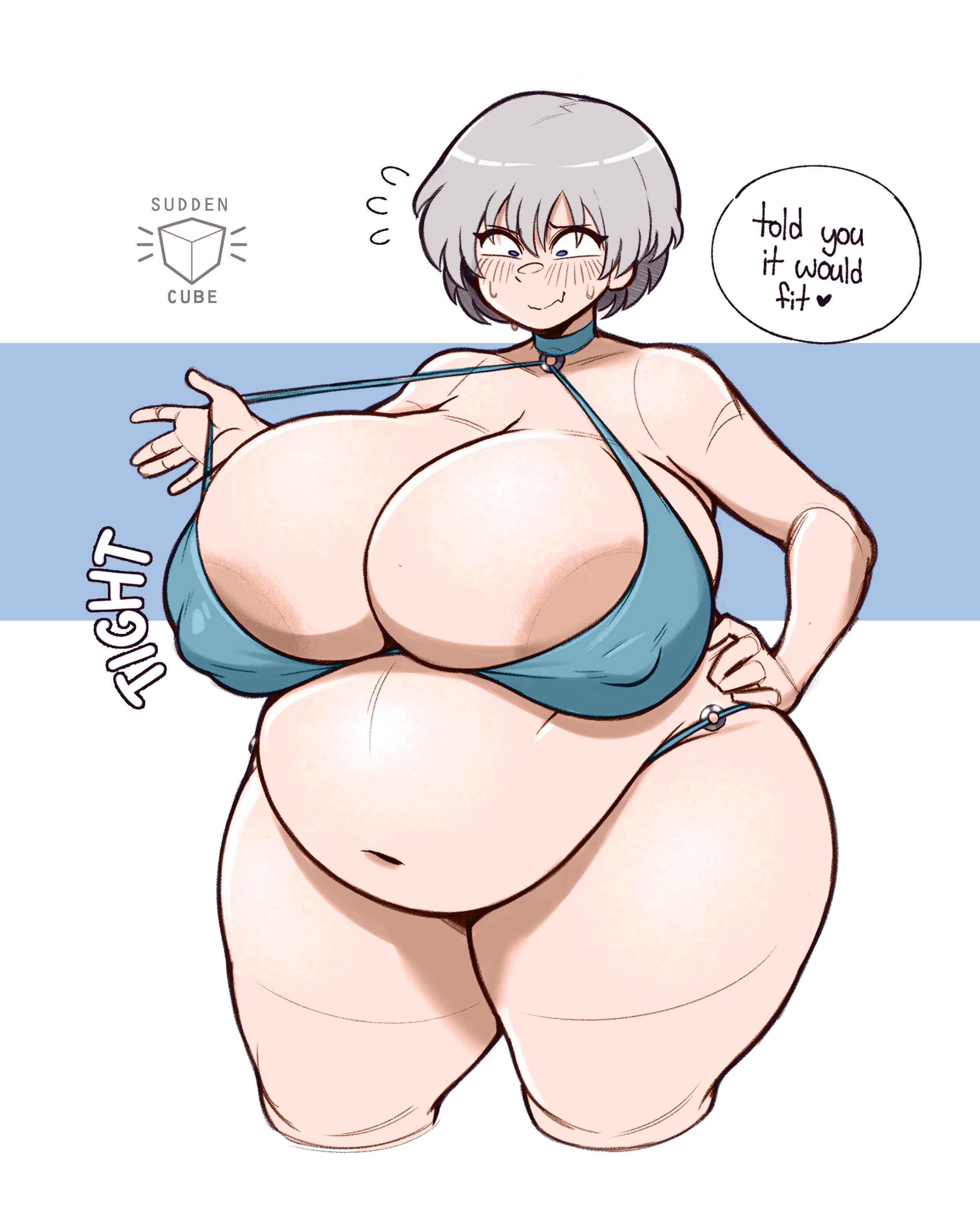 1girls, 2026, areola slip, big belly, big breasts, bikini, chubby, chubby female, fat, fat female, grey hair, huge breasts, nipple bulge, short hair, solo, solo female, suddencube (artist), swimsuit, tagme, thick thighs, uzaki hana, uzaki-chan wa asobitai!, weight gain, wide hips