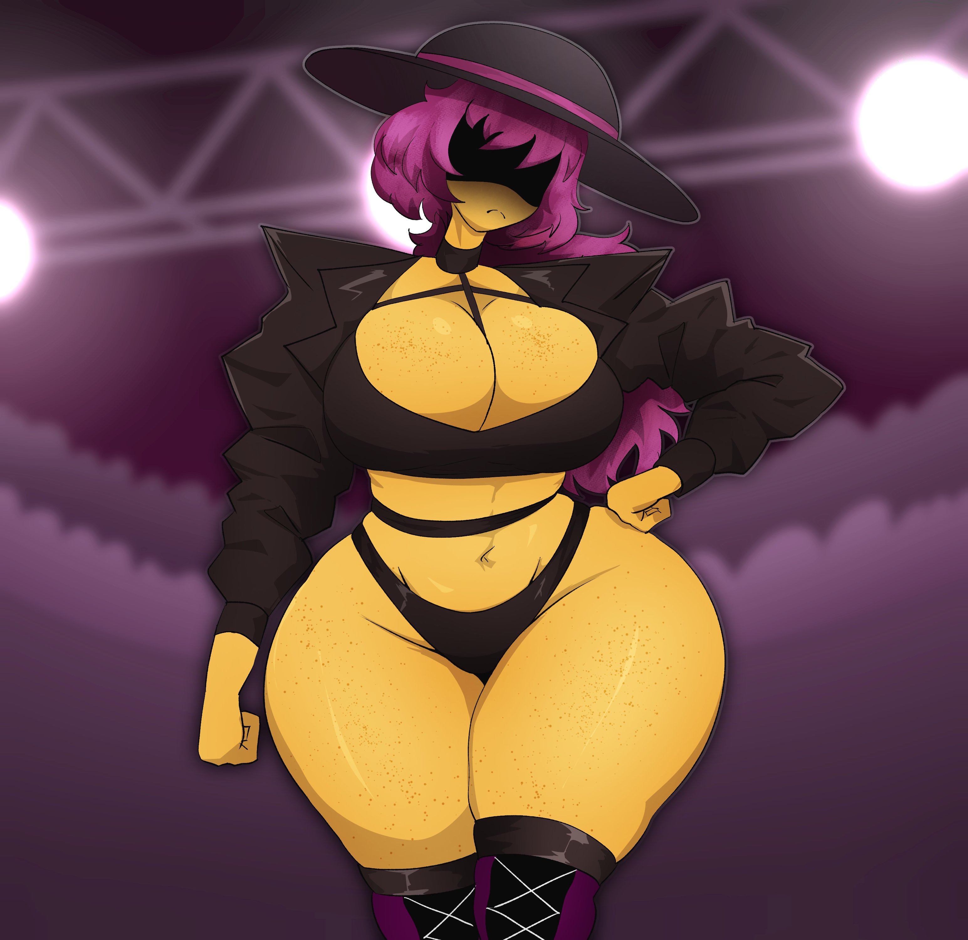 1girls, alternate costume, alternate universe, artist request, boots, breasts, cleavage, clothed, contrapposto, female, forsaken (roblox), hand on hip, hat, jacket, jane doe (forsaken), jane doe (roblox), large breasts, midriff, navel, open jacket, ponytail, purple hair, roblox, roblox game, robloxian, shaded face, tagme, tagme (artist), thick thighs, yellow skin
