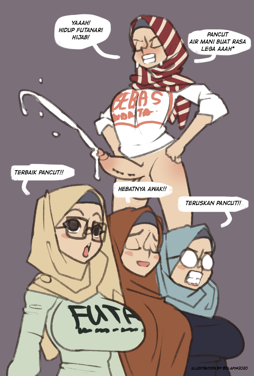 1futa, 3girls, bolapistarize, casual, clothing, ejaculation, female, futanari, hijab, hijab futa, human, intersex, muslim futa, translation request