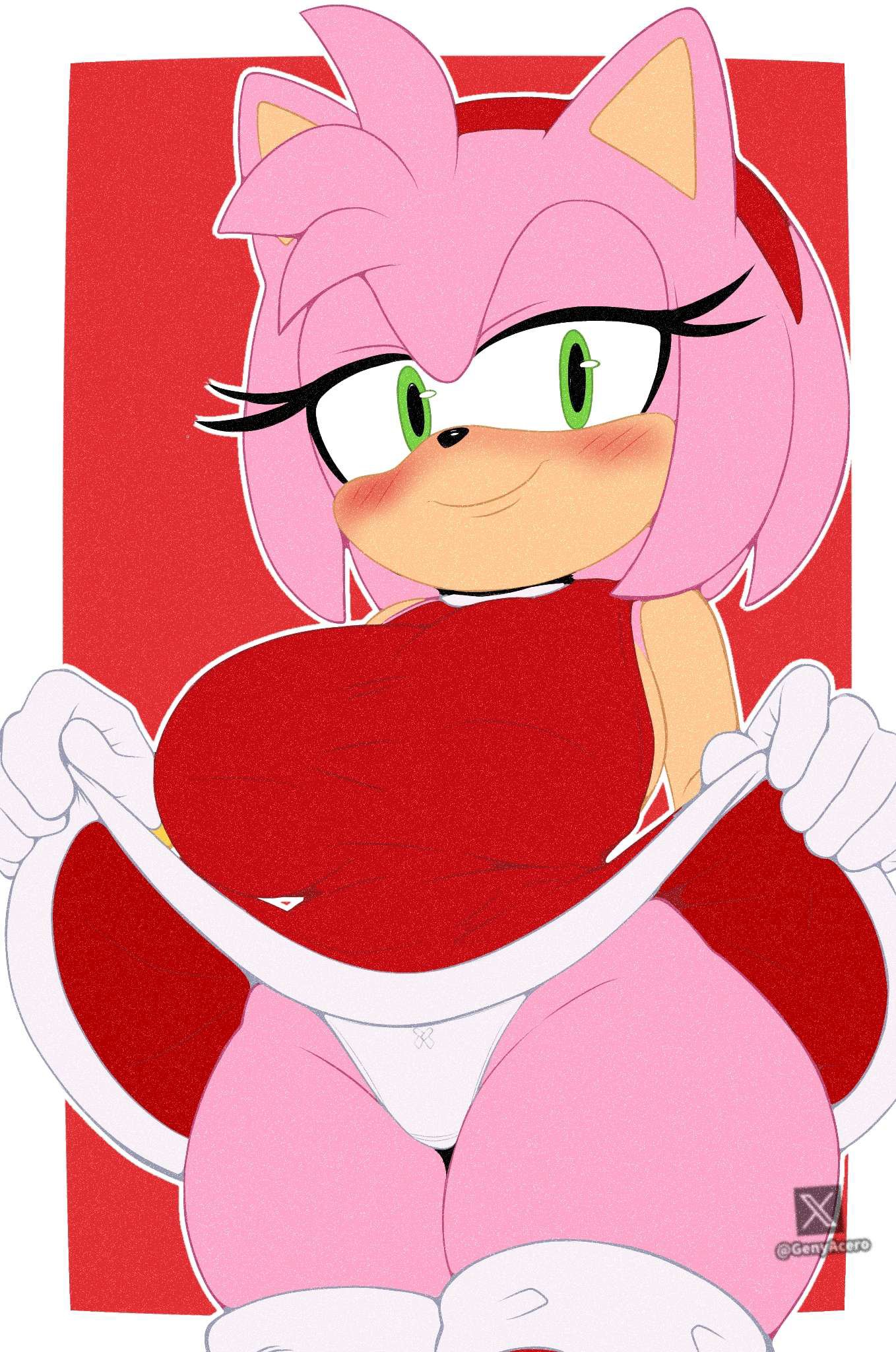1girls, 2026, 2d, 2d (artwork), 2d artwork, amy rose, anthro, big breasts, blush, blushing, blushing female, blushing profusely, breasts, clothed, clothed female, digital art, digital drawing (artwork), digital media (artwork), dress, dress lift, eulipotyphlan, female, furry, furry female, genyacero, green eyes, hedgehog, mobian, mobian (species), panties, pink fur, red dress, sega, skirt lift, solo, sonic (series), sonic the hedgehog (series), tagme, thicc, thick, thick thighs, two-tone fur, white panties