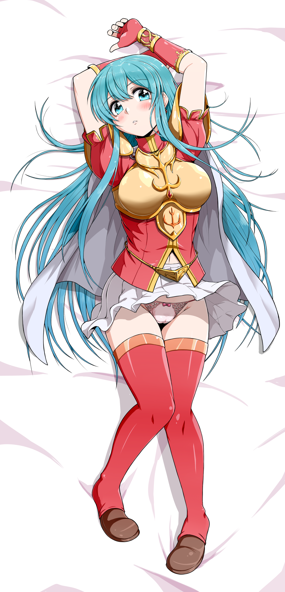 1girls armor arms_up bare_thighs bed_sheet big_breasts blue_eyes blue_hair blush boots bow bow_panties breastplate breasts clothes_lift dakimakura dakimakura_design earrings eirika_(fire_emblem) female female_only fingerless_gloves fire_emblem fire_emblem:_the_sacred_stones gloves highres jewelry kyo9999 light_blue_eyes light_blue_hair long_hair looking_at_viewer lying medium_breasts muneate navel nintendo on_back panties pantyshot partially_visible_vulva pink_panties red_gloves red_legwear shoes short_sleeves skirt skirt_lift solo thigh_boots thighhighs underwear upskirt very_long_hair white_skirt