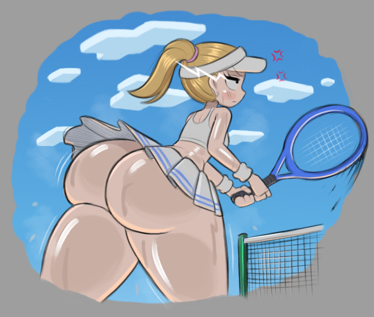 ass, big ass, blonde female, blonde hair, fat ass, huge ass, nyanlord, oc, original character, ponytail, skirt up, sweaty, sweaty body, tennis racket, tennis uniform, thick thighs, upskirt