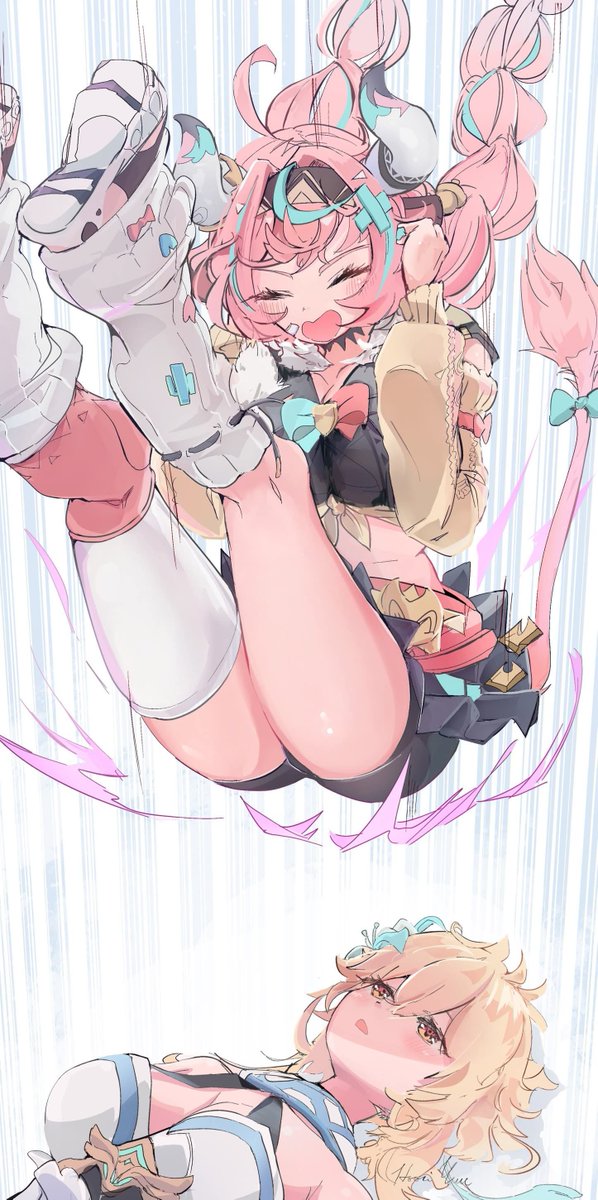 2girls, braided hair, cow tail, falling, falling on face, genshin impact, lumine (genshin impact), pink hair, shorts, tail, varesa (genshin impact)