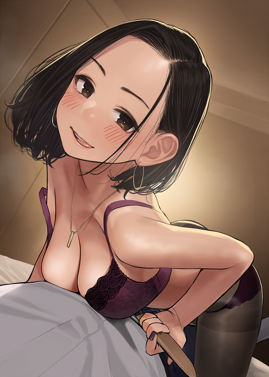 1boy :d belt big_breasts blush bra breasts brown_eyes brown_hair douki-chan's_boss_(yomu_(sgt_epper)) earrings embarrassed female ganbare_douki-chan imminent_sex lace-trimmed_bra legwear licking_lips medium_hair nail_polish necklace panties pantyhose pov purple_bra purple_panties seductive seductive_smile stripping tongue tongue_out underwear yomu_(sgt_epper)