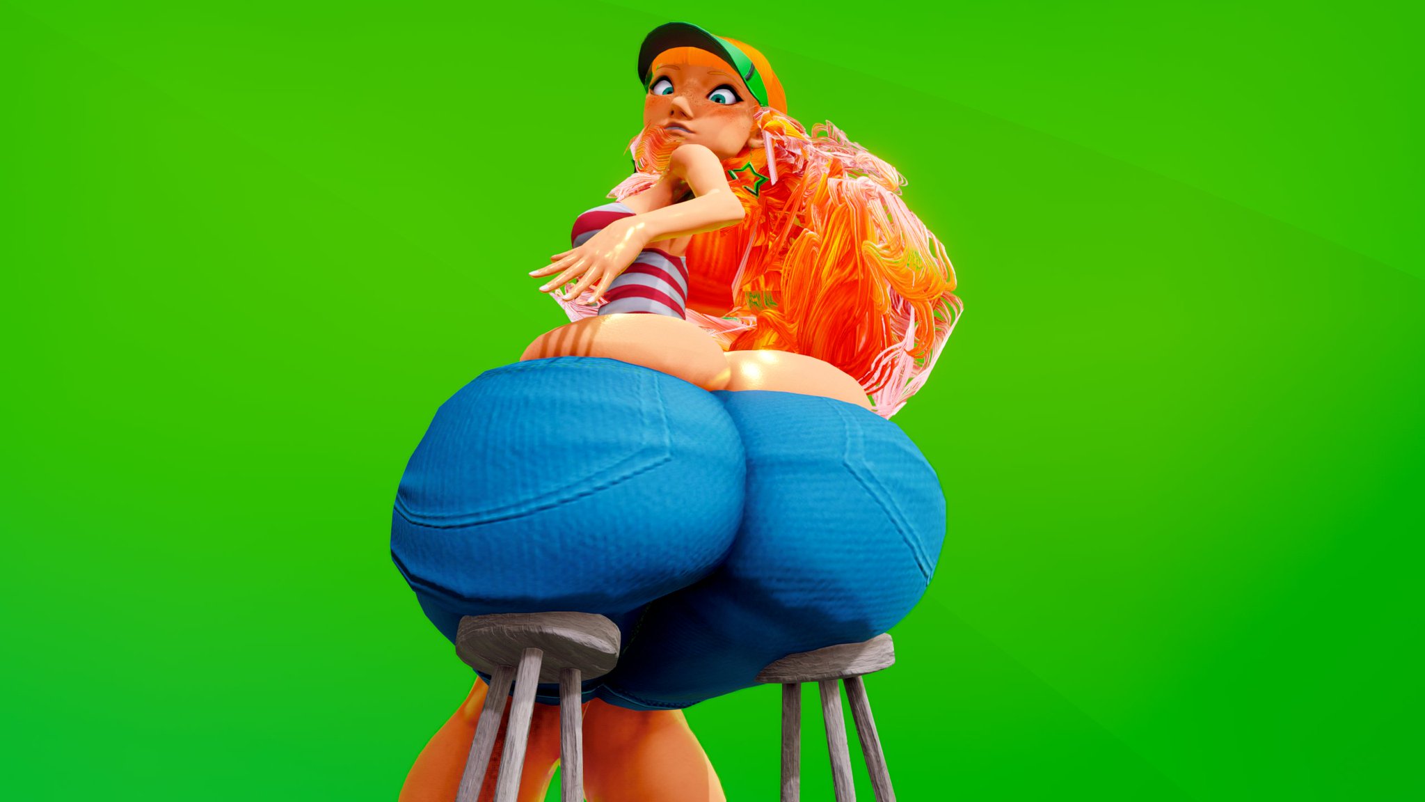 3d, ass, ass cleavage, ass crack, big ass, big butt, bottom heavy, bubble ass, bubble butt, bursting butt, butt crack, cap, disney, enormous ass, fat ass, fat butt, female, female only, gigantic ass, ginger, ginger hair, hat, huge ass, huge butt, inner workings, kate (inner workings), large ass, large butt, long hair, looking at viewer, looking back, multiple chairs for one, orange hair, plump, prevence, stool, stool position, thick, thick ass, thick thighs, tight, tight clothes, tight clothing, tight fit, tight pants, two chairs for one, white female, wide hips