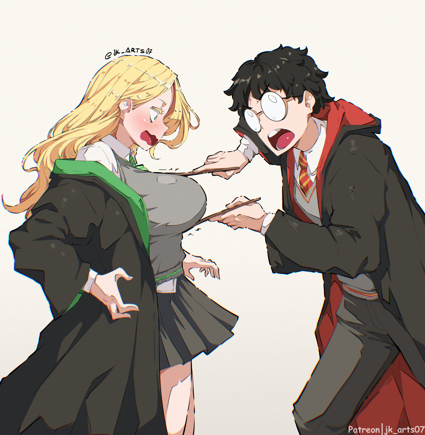 1boy, 1girls, breasts, draco malfoy, draco malfoy (redteneri), female, female focus, genderswap, harry james potter, harry potter, jk arts07, large breasts, light skin, light-skinned female, looking at viewer, malfoid, rule 63, thick thighs, thighs, wide hips