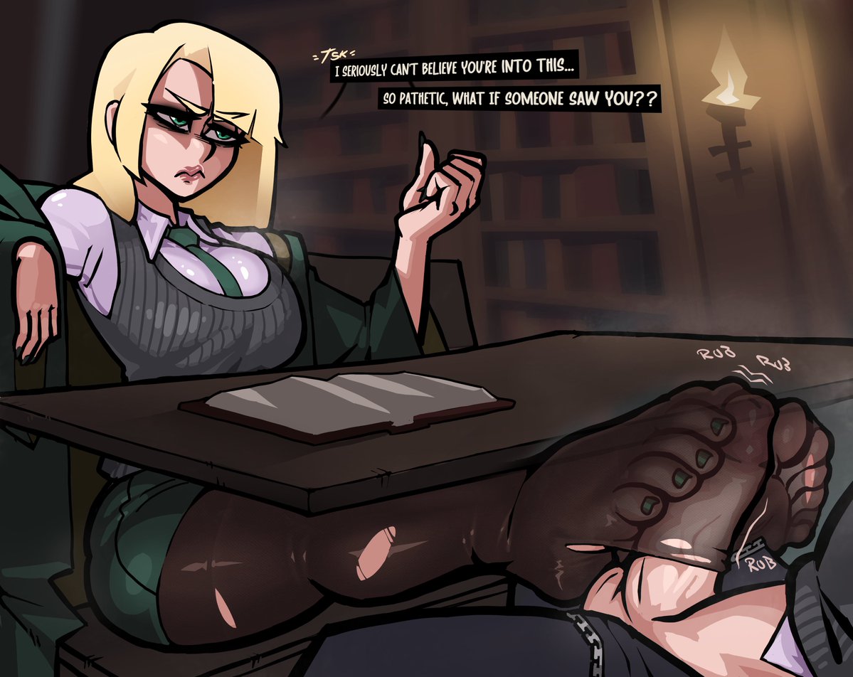 1boy, 1girls, 2d, 2d (artwork), blonde female, blonde hair, breasts, clothed, clothing, disgusted, draco malfoy, draco malfoy (redteneri), feet, feet on penis, feet together, female, foot fetish, footjob, genderbend, genderswap, genderswap (mtf), harry james potter, harry potter, indoors, male, malfoid, nail polish, pantyhose, penis, penis out, rule 63, school uniform, srtomgeek, under table, under table footjob, under the table