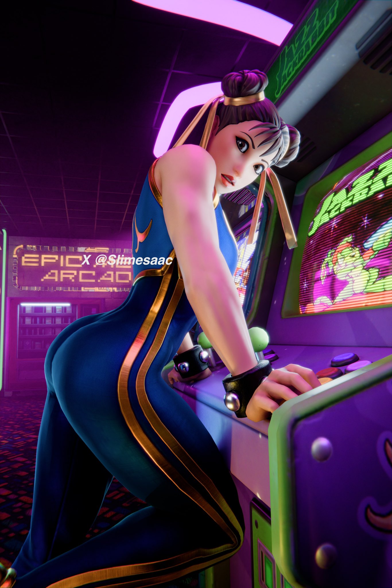 1girls, 3d, 3d (artwork), arcade, arcade machine, asian, asian female, ass, big ass, big butt, bodysuit, brown eyes, brown hair, chun-li, chun-li (fortnite), curvaceous, curvaceous figure, curvy, curvy body, curvy female, female, fortnite, gaming, hair ribbon, hi res, high resolution, highres, light skin, light-skinned female, looking at viewer, pose, posing, solo, solo female, solo focus, thick thighs, thighs, tight clothing, wrist cuffs