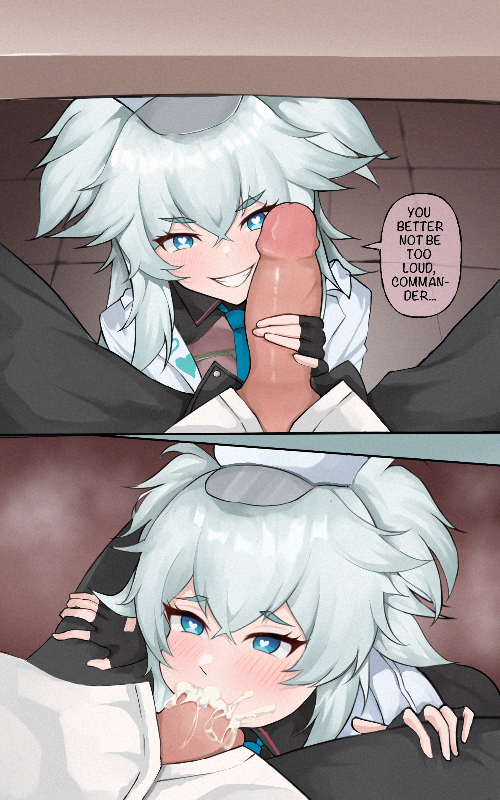 1boy, 1girls, 2koma, blowjob, blue eyes, blue hair, blush, commander (girls' frontline), cum, cum in mouth, english text, fellatio, female, fiftya, florence (girls' frontline 2), girls' frontline, girls' frontline 2: exilium, gloves, grin, hat, heart-shaped pupils, holding penis, long hair, looking at viewer, male, oral, oral sex, pa-15 (girls' frontline), penis, penis out, speech bubble, steam, text, uncensored, under the table