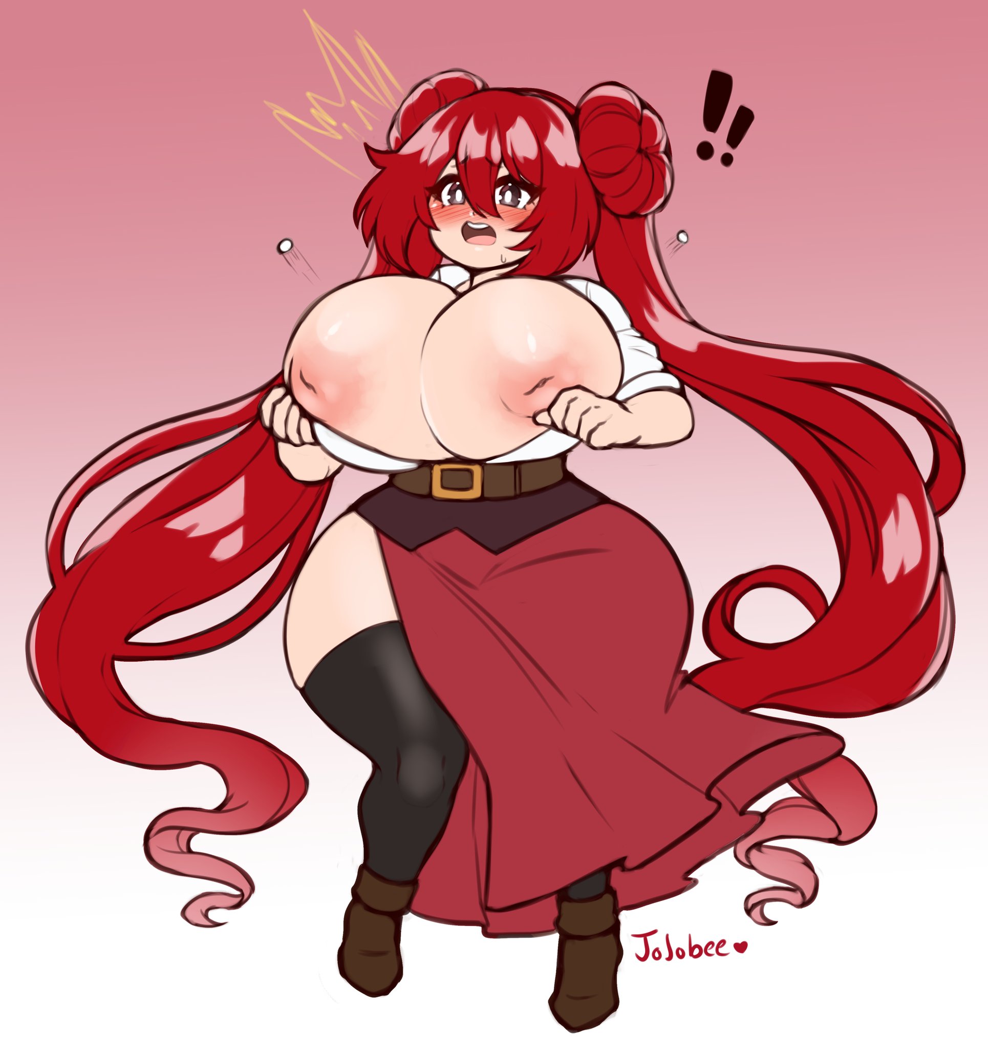 !, 1girls, big breasts, blush, breasts, button pop, cleavage, dress, embrace, female, female only, huge breasts, inverted nipples, jojoniumart, large breasts, long hair, mallory (hiraeth), original, popped button, red eyes, red hair, simple background, solo, surprised, thighhighs, very long hair, wardrobe malfunction