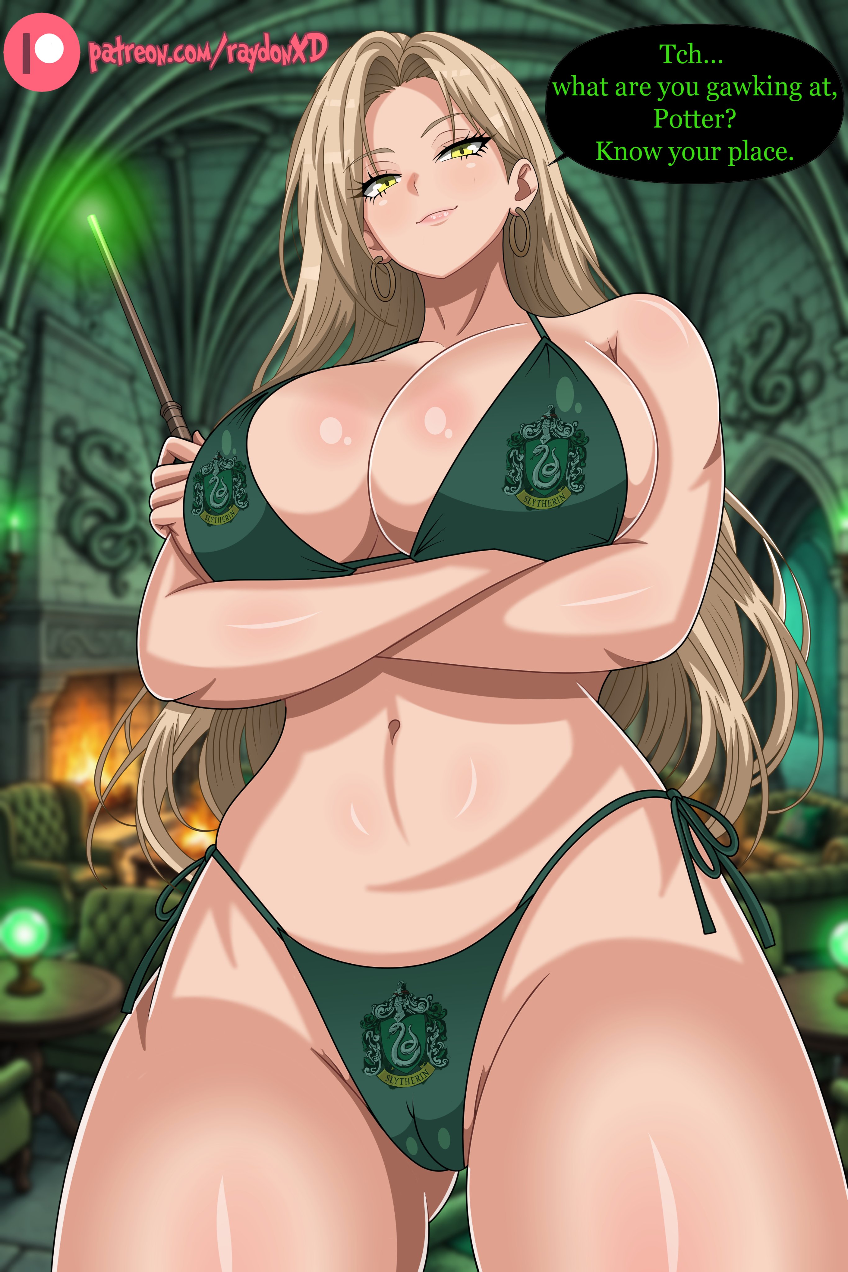 1girls, 2026, 2d, 2d (artwork), 4k, arms crossed, arms crossed under breasts, arrogant, big breasts, blonde female, blonde hair, blonde hair female, blonde-haired female, breasts, crossed arms, curvy female, curvy figure, digital art, digital drawing, digital drawing (artwork), digital media (artwork), draco malfoy, draco malfoy (redteneri), english text, genderswap, genderswap (mtf), green bikini, green eyes, harry potter, high resolution, highres, hourglass figure, hourglass figured female, huge breasts, light skin, light-skinned female, long hair, looking down, low-angle view, pubic hair, raydonxd, seductive smile, sexy, sexy body, sexy pose, smile, solo, solo female, solo focus, standing, text, very long hair, wand