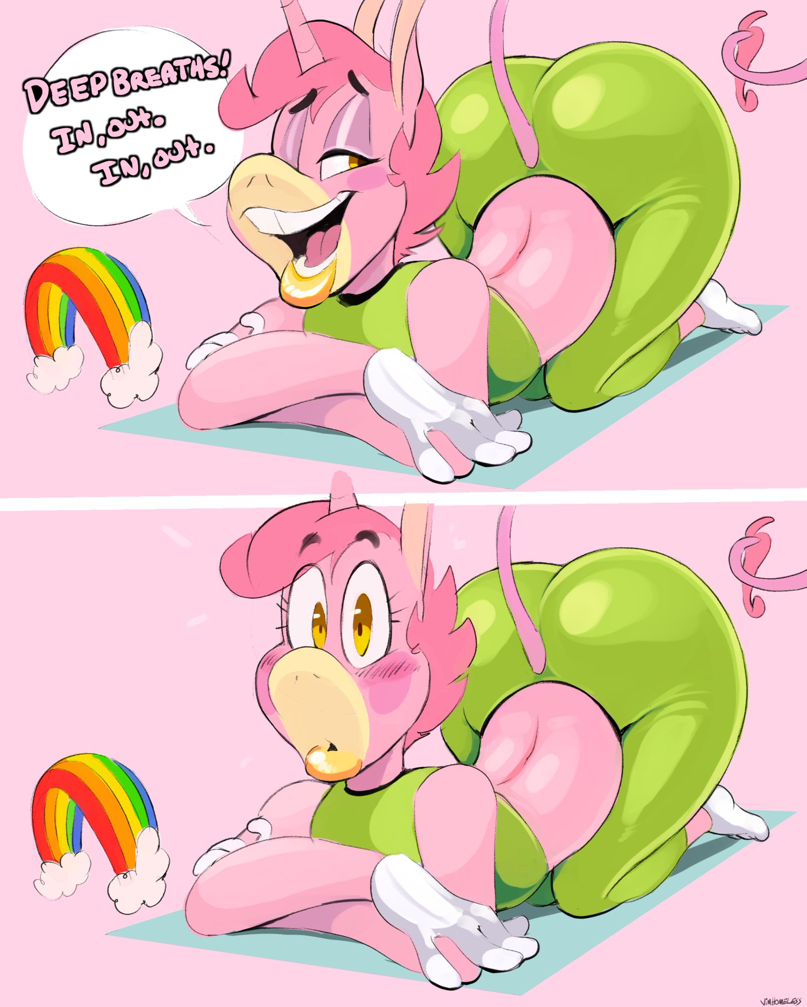 1boy, anthro, ass, big ass, big butt, boon (vimhomeless), english text, equine, femboy, furry, girly, humor, looking at viewer, male, male only, skin tight, solo, text, unicorn, vimhomeless, yoga