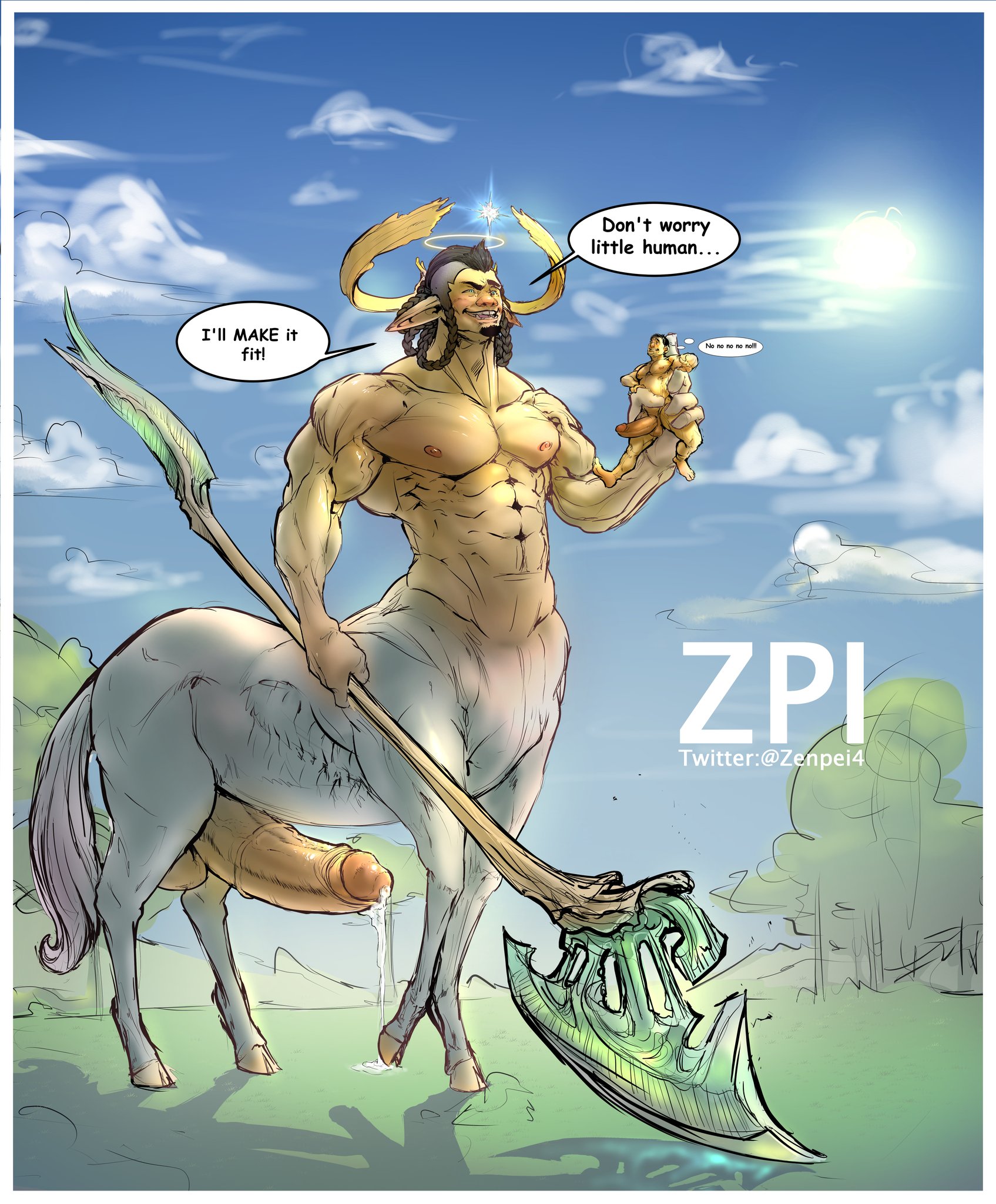 2boys, bara, big penis, boner, centaur, deity, erect nipples, erection, halo, hooves and horns, huge cock, human, hyper, hyper penis, macro, male, male only, male/male, muscular, muscular male, nipples, nude, penis, penis size difference, pointed ears, precum drip, size difference, taur, yaoi, zenpei, zenpei4
