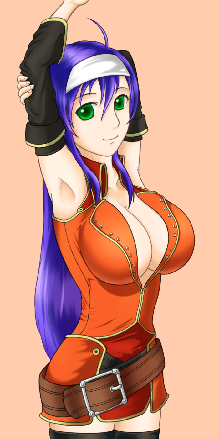 1girls ahoge armpits arms_up big_breasts cleavage fire_emblem fire_emblem:_path_of_radiance fire_emblem:_radiant_dawn green_eyes huge_breasts kachou large_breasts long_hair looking_at_viewer mia_(fire_emblem) nintendo open_clothes open_shirt purple_hair simple_background smile solo solo_female stretching