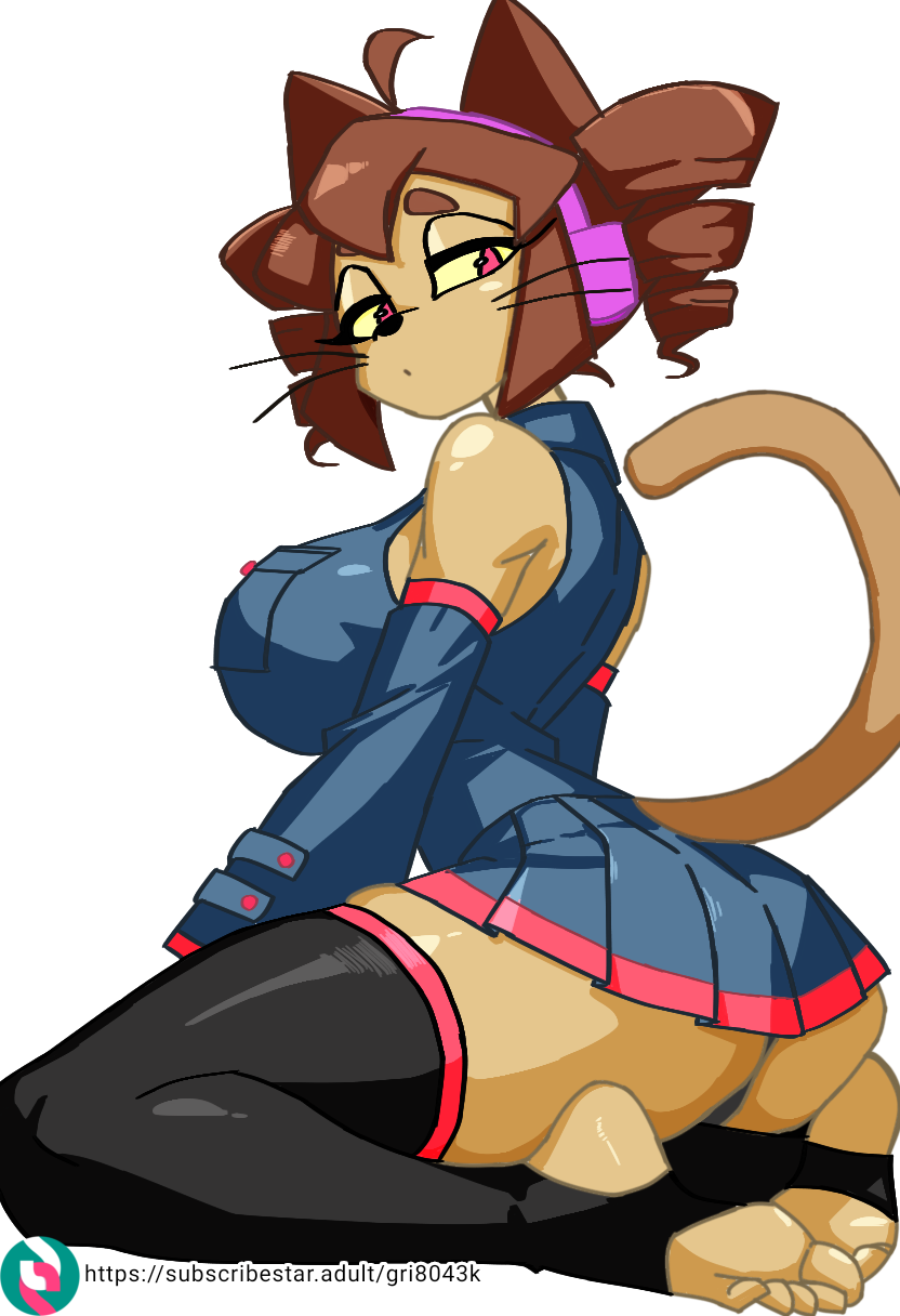 1girl, ahoge, animal ears, animal nose, bare shoulders, blue shirt, breasts, cat ears, cat girl, cat tail, closed mouth, cosplay, detached sleeves, drill hair, furry, furry female, kasane teto, kasane teto (utau), kit (gameoverse), kit bodega, large breasts, looking at viewer, miniskirt, patreon username, pink eyes, pink trim, pleated skirt, shirt, sitting, skirt, sleeveless, sleeveless shirt, soles, solo, tail, thick thighs, thighhighs, thighs, toeless legwear, twin drills, utau, wariza, white background
