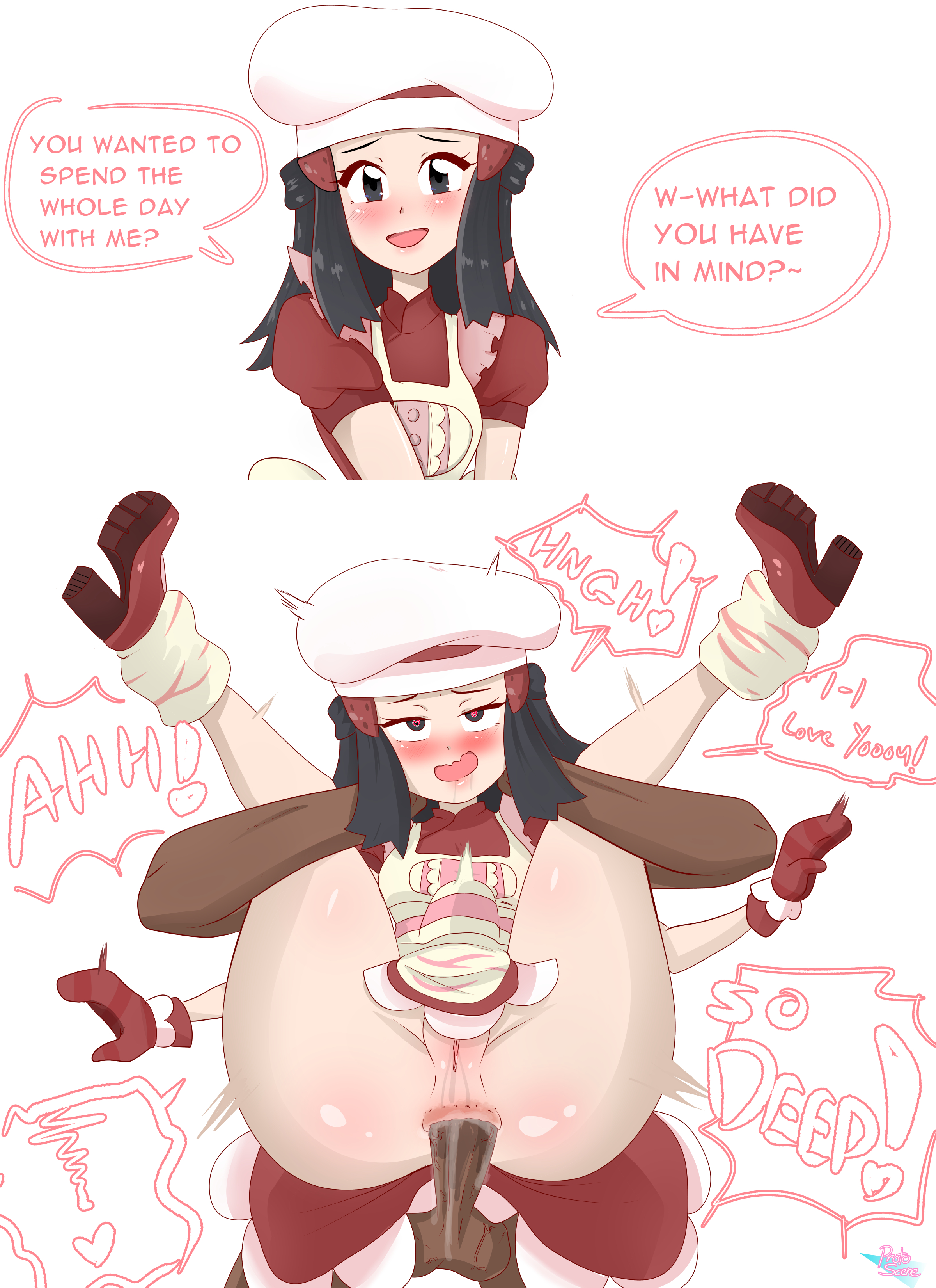 1boy, 1girls, alternate costume, anal, anal penetration, anal sex, big penis, blue hair, blush, dark skin, dark-skinned male, dawn (pokemon), dialogue, duo, english dialogue, english text, eye contact, female, female penetrated, genital fluids, heart-shaped pupils, human, instant loss 2koma, interracial, long hair, looking at viewer, male, nintendo, no panties, official alternate costume, palentine's day dawn, penetration, penis, pokemon, pokemon dppt, pokemon masters, protoscene, pussy, sex, simple background, speech bubble, stomach bulge, straight, text, thighs, valentine's day, video games, white background, young